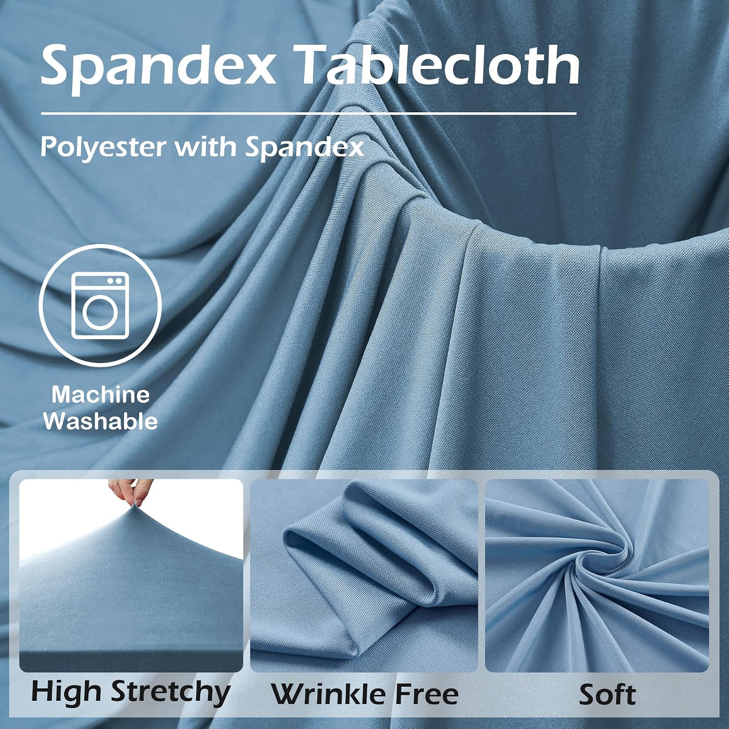 NSSONBEN 6 pk Dusty Blue Spandex Round Table Cloths for 60inch Table, Wrinkle Free 120inch Stretchy Fitted 5ft Round Table Covers with Skirt for Wedding Birthday Graduation Parties Banquet Events