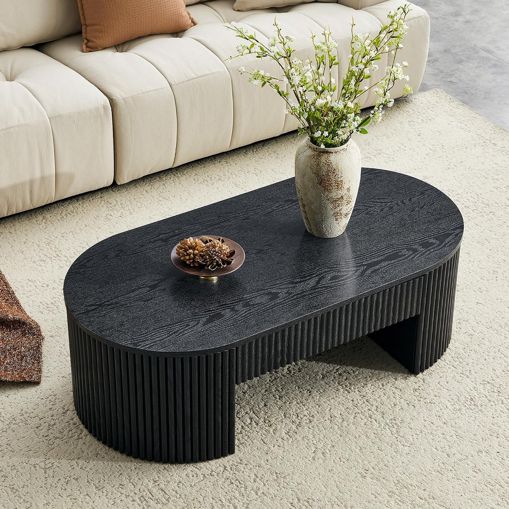 LKTART Black Coffee Table Oval, 47.5' Fluted Wood Coffee Table with Drawer, Mid Century Modern Center Tables for Living Room Bedroom Office, Black