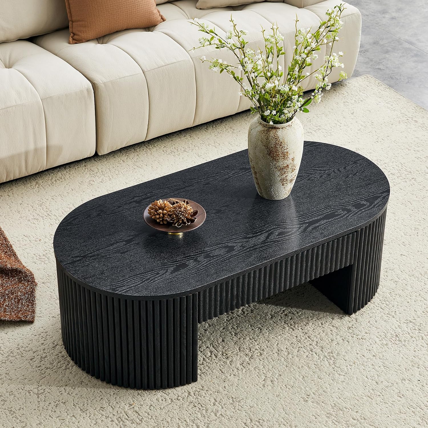 LKTART Black Coffee Table Oval, 47.5' Fluted Wood Coffee Table with Drawer, Mid Century Modern Center Tables for Living Room Bedroom Office, Black