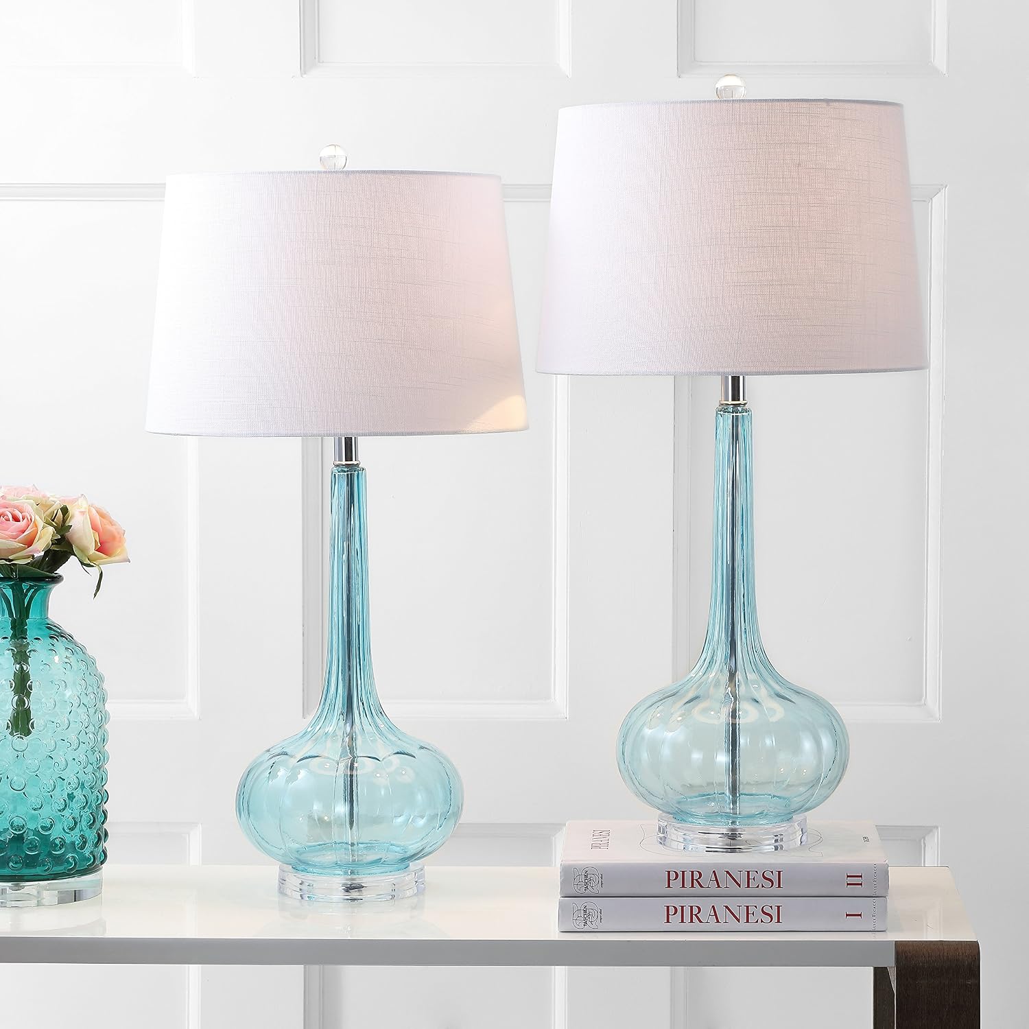 JONATHAN Y 28.5' Aqua Glass Teardrop LED Table Lamp Set of 2 for Living Room Bedroom Nightstand, White Linen Shade Modern Transitional Bedside Desk Lamp (JYL1079B-SET2)