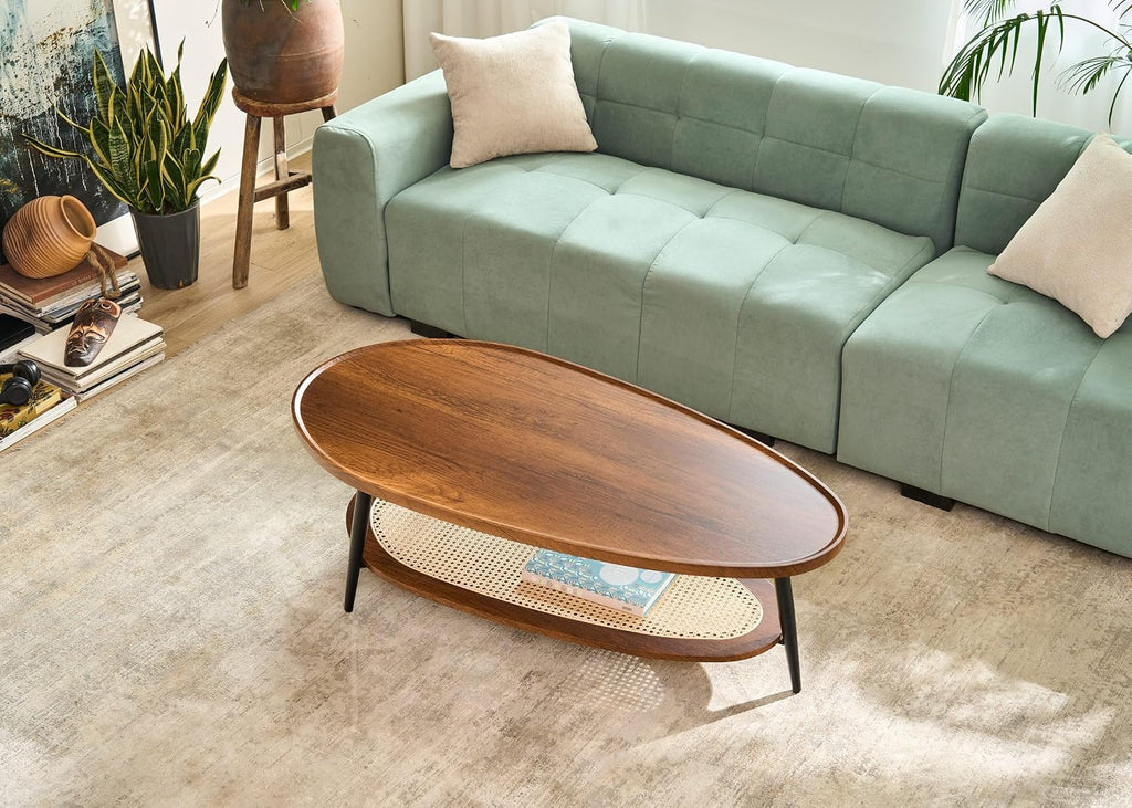 AGV LIGHTING Oval Coffee Table with Storage Shelf, 47' Mid Century Modern Coffee Table for Living Room, Walnut Wood Finish MDF Top with Rattan Shelf