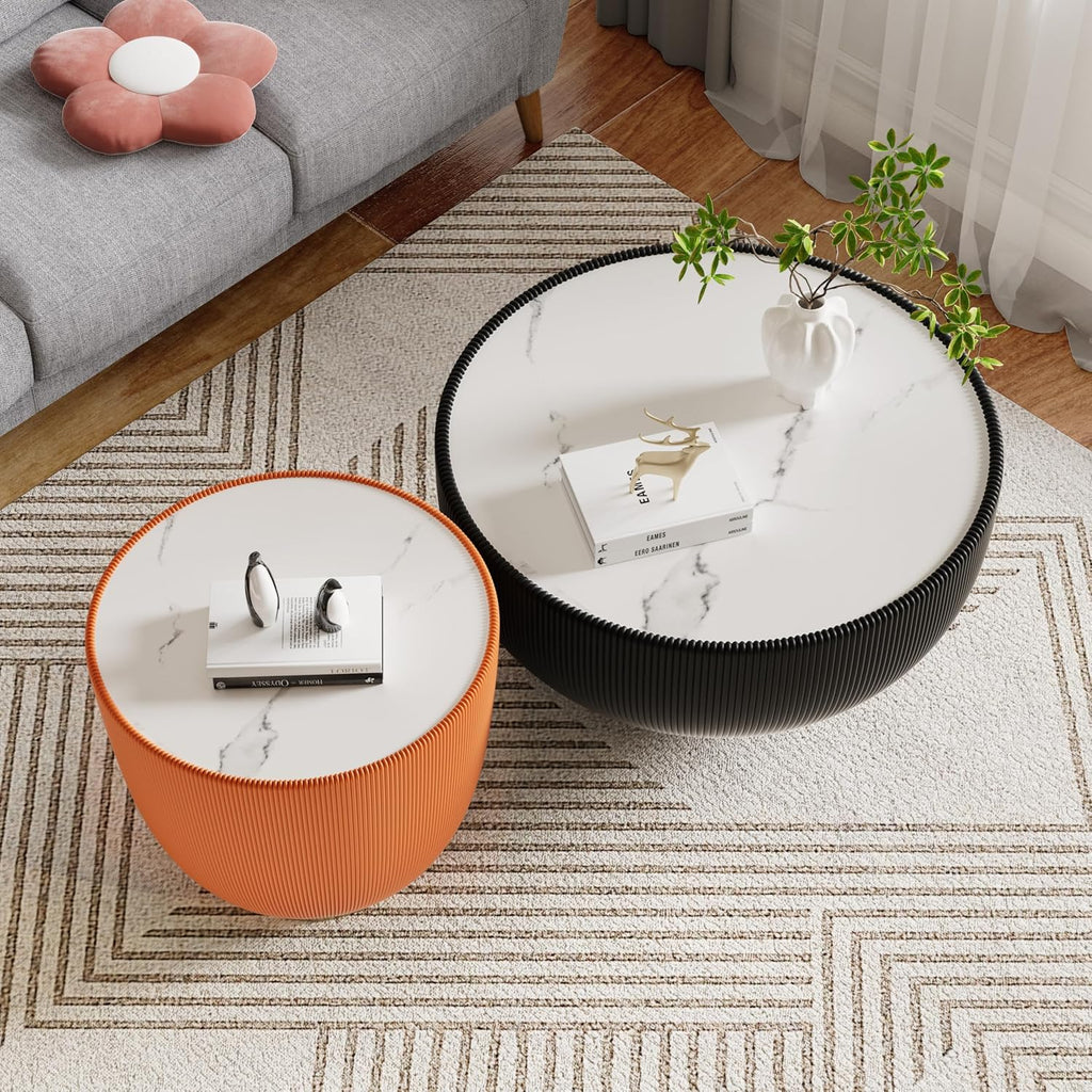 Round Coffee Table Set with Sintered Stone Tabletop, 27.56' Black Drum Center Table and 19.69' Orange Coffee Table Set, 2 Pieces Living Room Table Set with Fluted PU Leather Cover& Metal Base