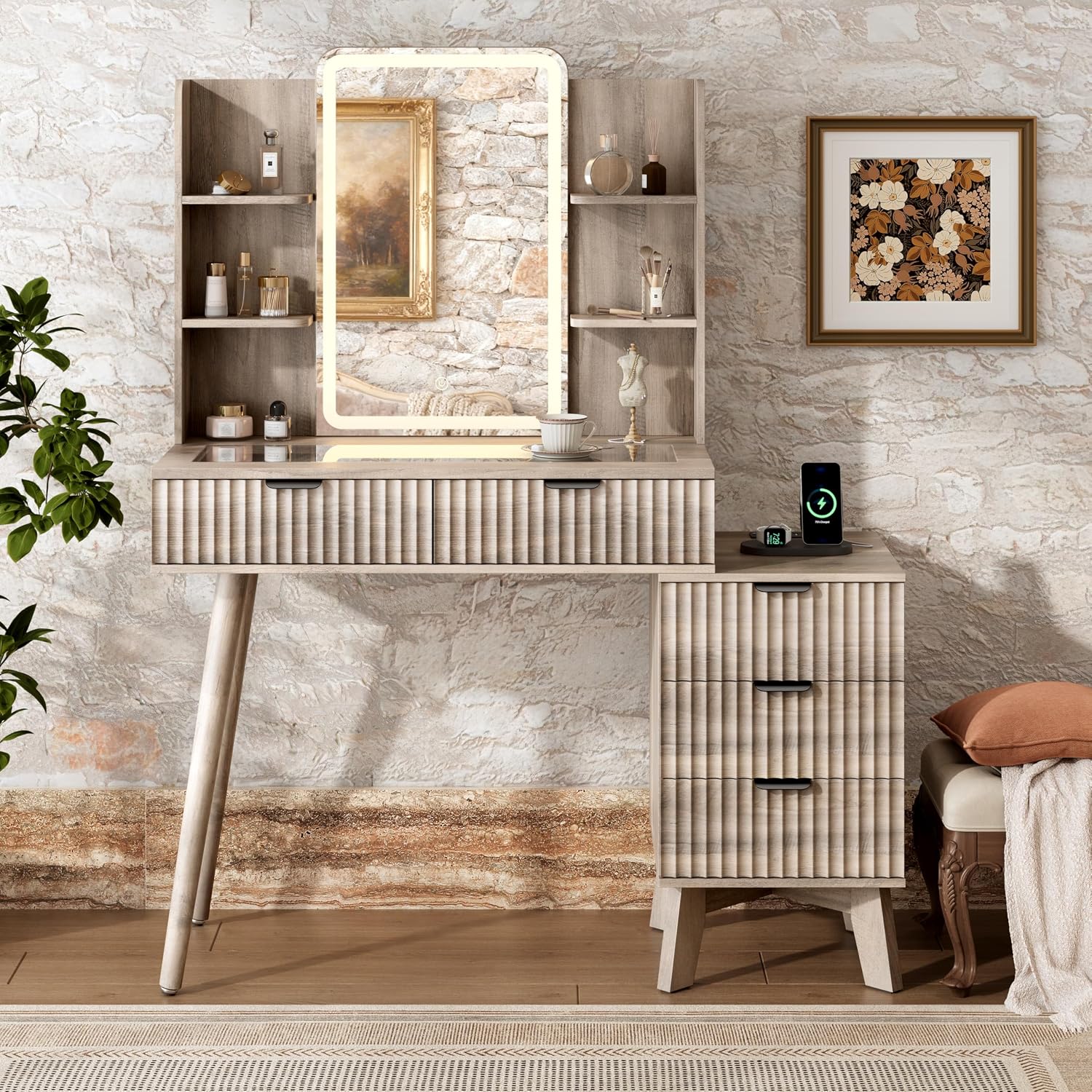 Xixini Fluted Vanity Desk with Mirror and Lights, Glass Top Makeup Table Set with 5 Drawers, Power Outlet & Storage Cabinet, Large Dressing Table with RGB Ambient Light for Bedroom Women Girls, Grey