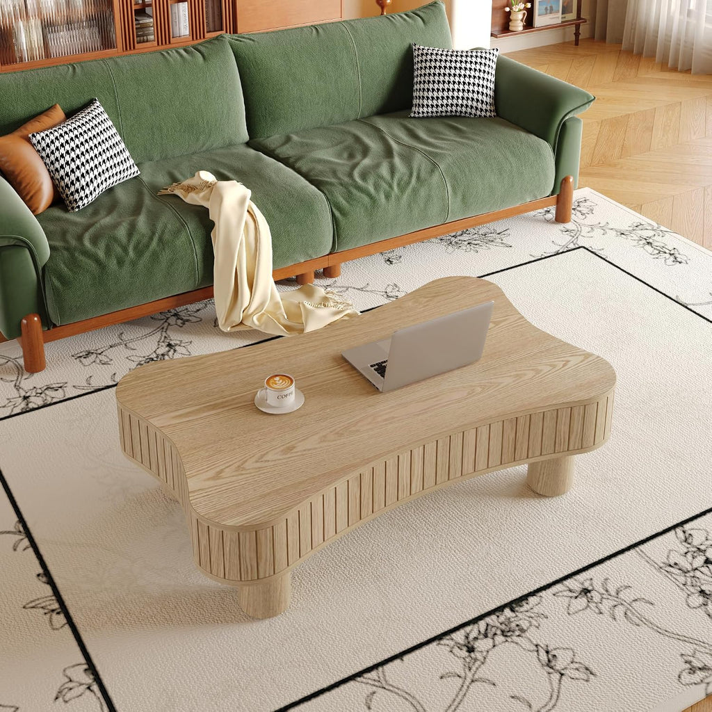 42' Cloud Fluted Lift Top Coffee Table with Hidden & Open Storage, Modern Center Table with Hydraulic Raising Mechanism, Irregular Shape Tea Table with Curved Safety Corners, Natural