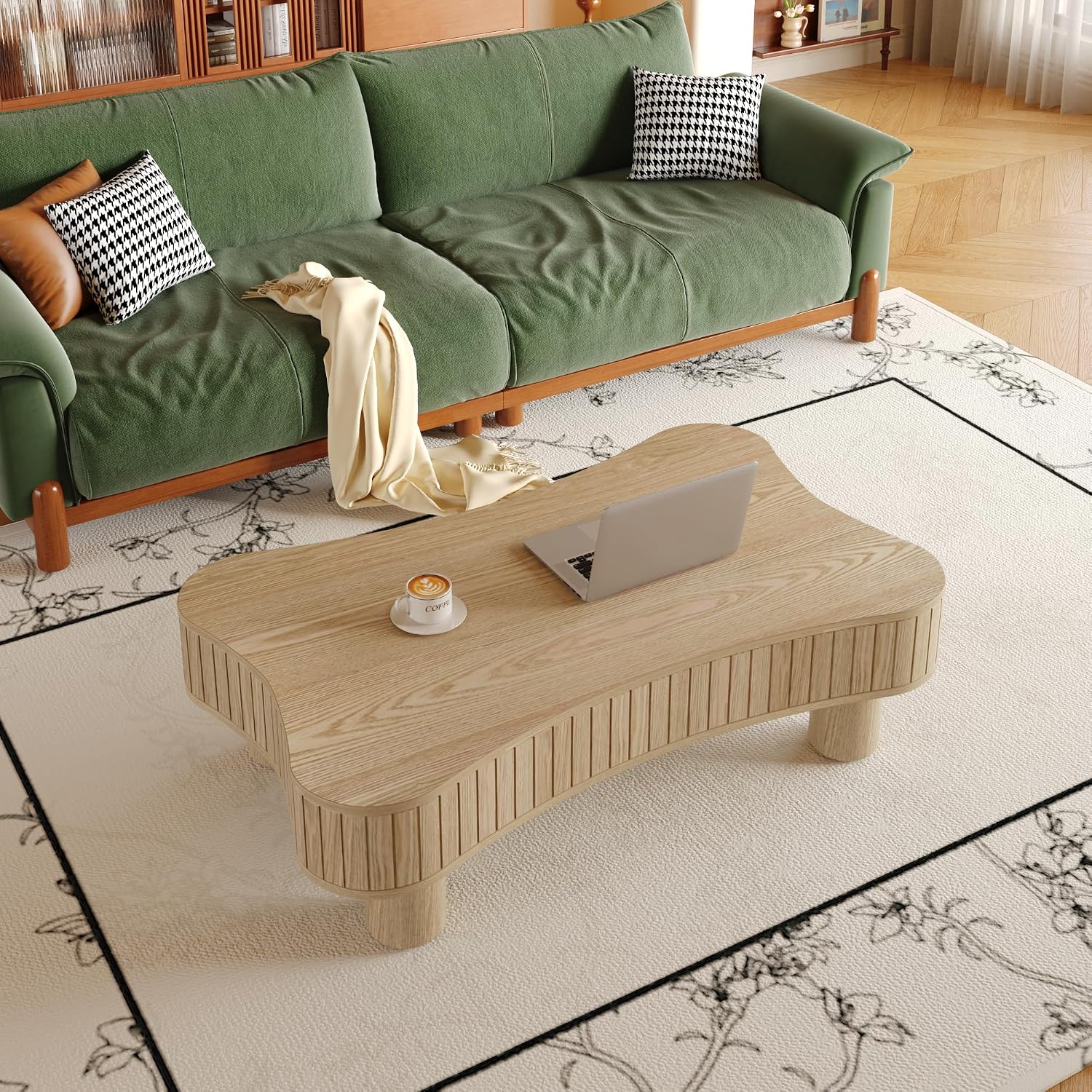 42' Cloud Fluted Lift Top Coffee Table with Hidden & Open Storage, Modern Center Table with Hydraulic Raising Mechanism, Irregular Shape Tea Table with Curved Safety Corners, Natural