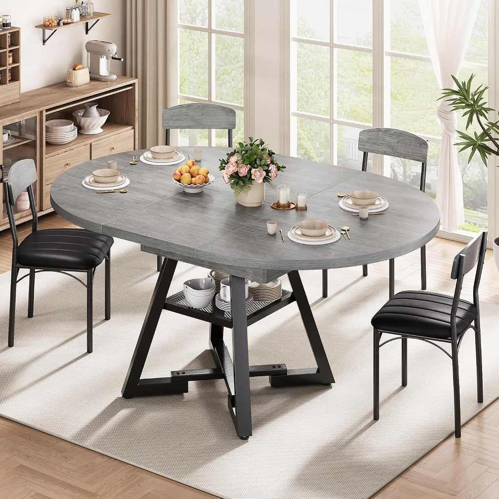 43''-57'' Extendable Round Dining Table for 4-6, Modern Industrial Kitchen Oval Dining Table with Removable Leaves, Space Saving Pedestal Base with Storage Shelf for Kitchen Living Room (Grey)