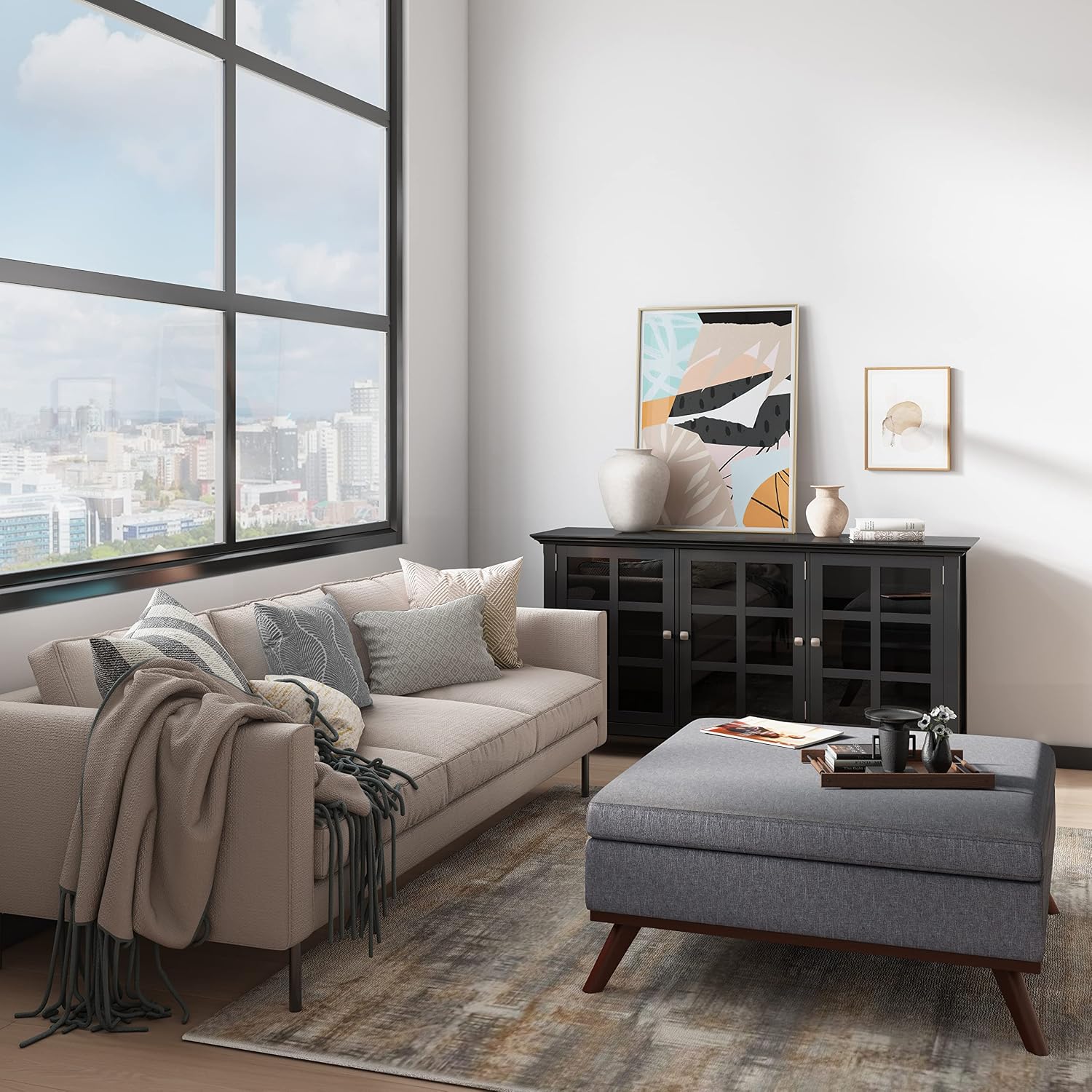 SIMPLIHOME Owen 36 inch Wide Mid Century Modern Square Coffee Table Storage Ottoman in Slate Grey Linen Look Fabric, Assembled, for the Living Room, Entryway and Family Room