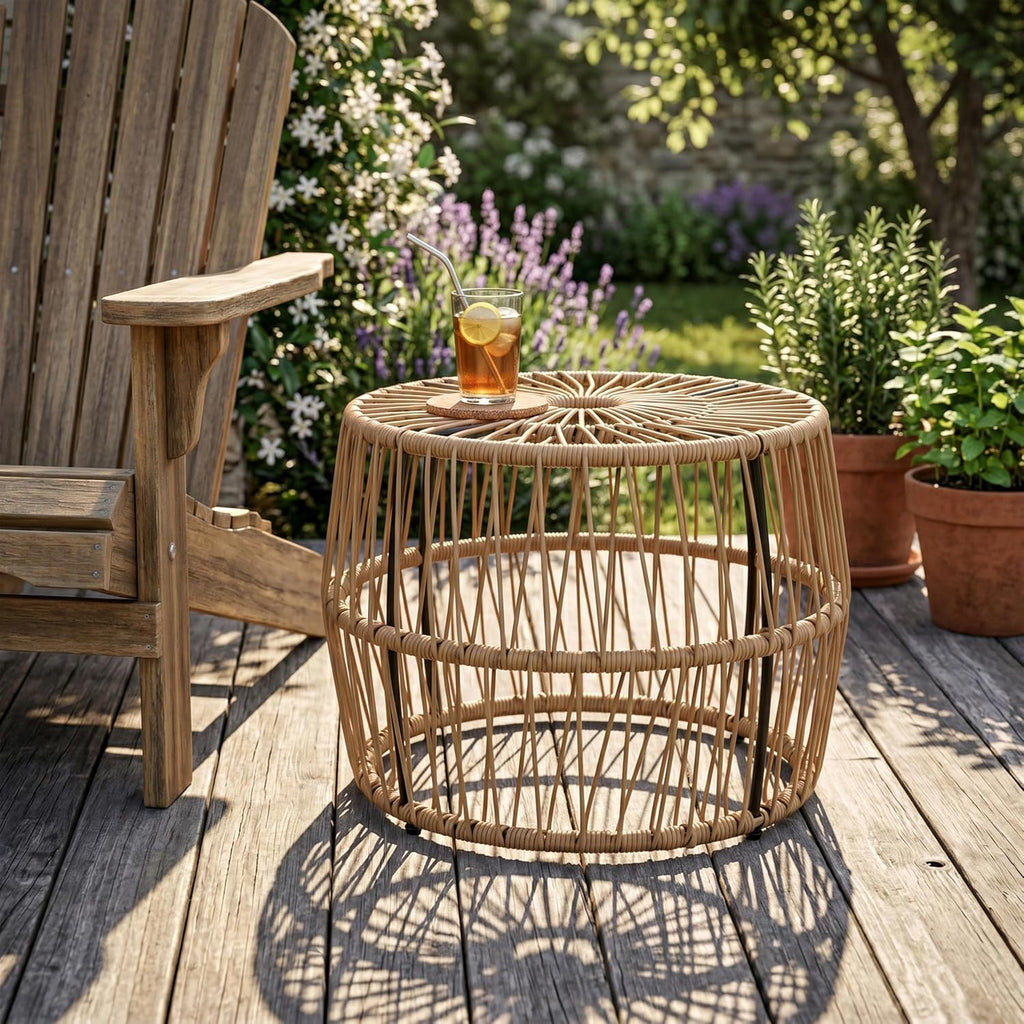 Furniture of America Ysar Boho Rattan Round Coffee Table Outdoor with Metal Frame, All-Weather and Rust Resistant, Handcrafted Coastal Furniture for Patio, Poolside, Garden, Yard, Natural Brown