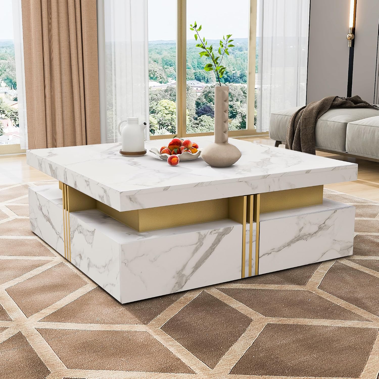 Modern White Square Storage Coffee Table with 4 Drawers for Living Room