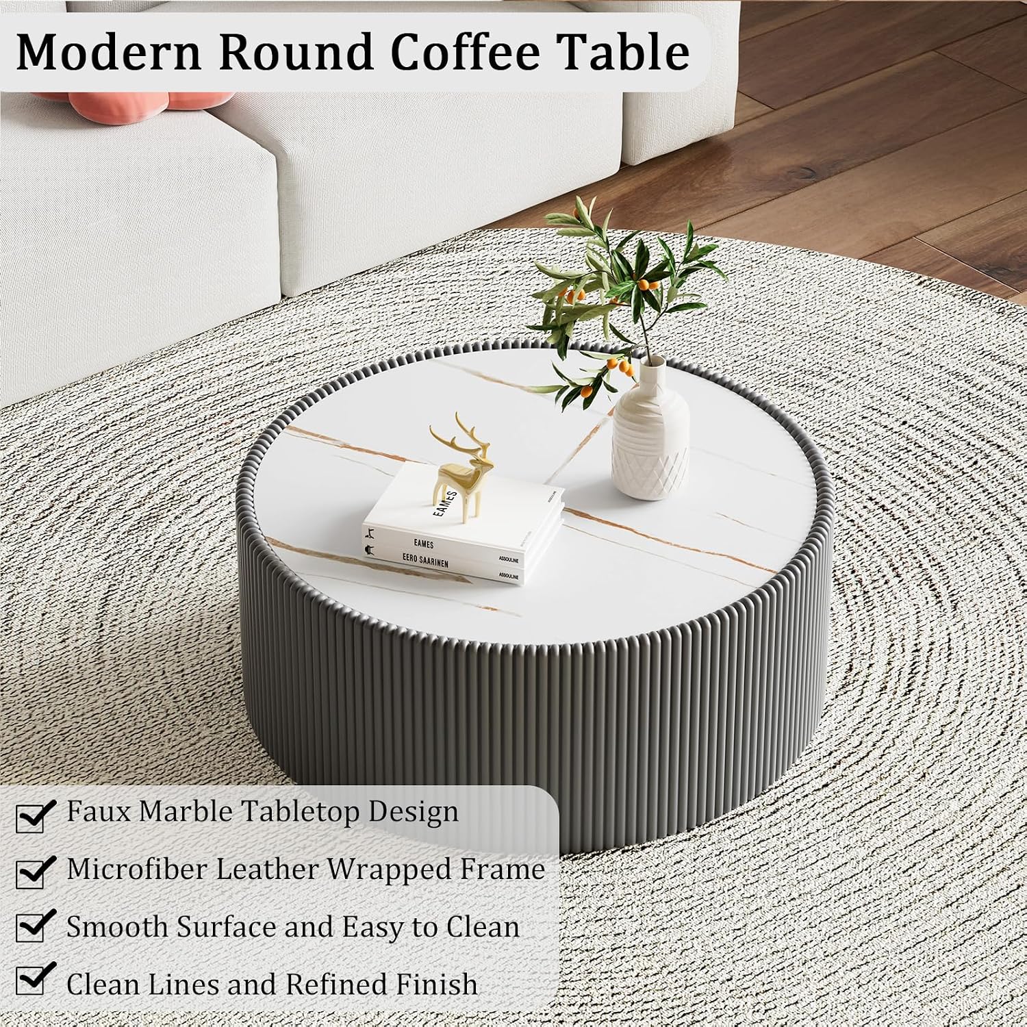 Round Coffee Table Set with Sintered Stone Tabletop, 29.52' Grey Drum Center Table and 17.71' Black Coffee Table Set, 2 Pieces Living Room Table Set with Fluted PU Leather Cover& Stable Base
