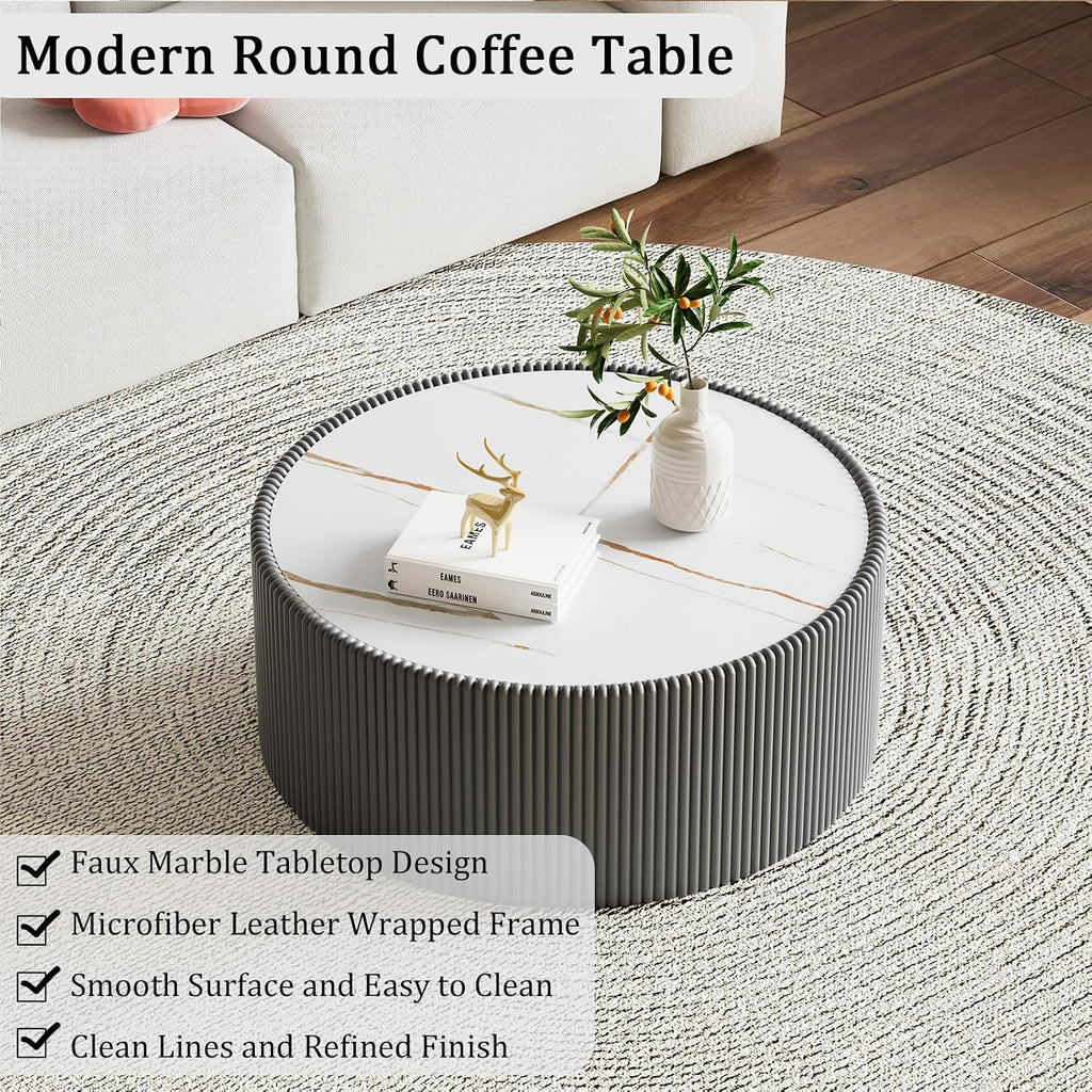 Round Coffee Table Set with Sintered Stone Tabletop, 29.52' Grey Drum Center Table and 17.71' White Coffee Table Set, 2 Pieces Living Room Table Set with Fluted PU Leather Cover& Stable Base