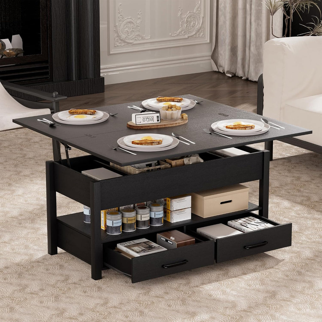 SYESWAY 42'' Lift Top Coffee Table, 4-in-1 Multifunctional Lift Coffee Table with Storage & Hidden Compartments, Farmhouse Coffe Table with Lifting top for Living Room, Dining Reception Room, Black