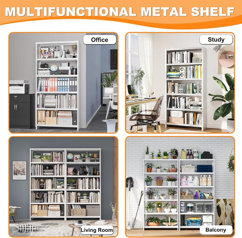 VASAAOSD 5 Tier Book Shelf, 69.3' Tall White Bookshelves, Open Metal Bookshelf, Toolless Assembly White Shelves for Home Office, Living Room, Study