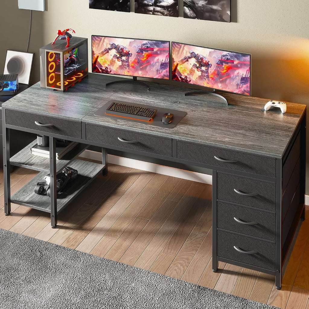 Huuger Computer Desk with 6 Drawers, Office Desk with Shelves, Reversible Gaming Desk, Corner Desk with Storage, Work for Home Office, Study, Living Room, 63inch, Grey