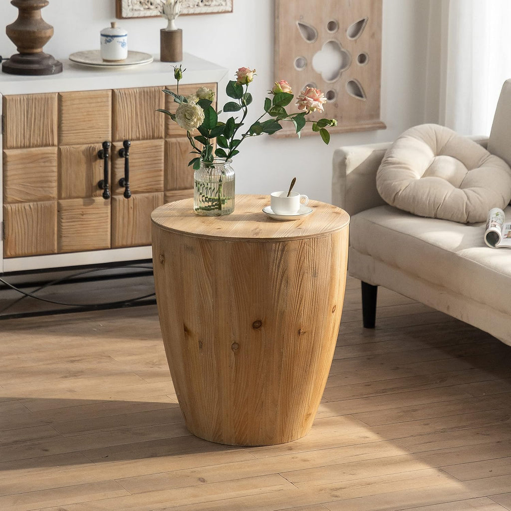 20.87' Vintage Wood Drum Bucket Shaped Coffee Table, Round Side End Table with Storage, Small Center Table for Living Room, No Need Assembly
