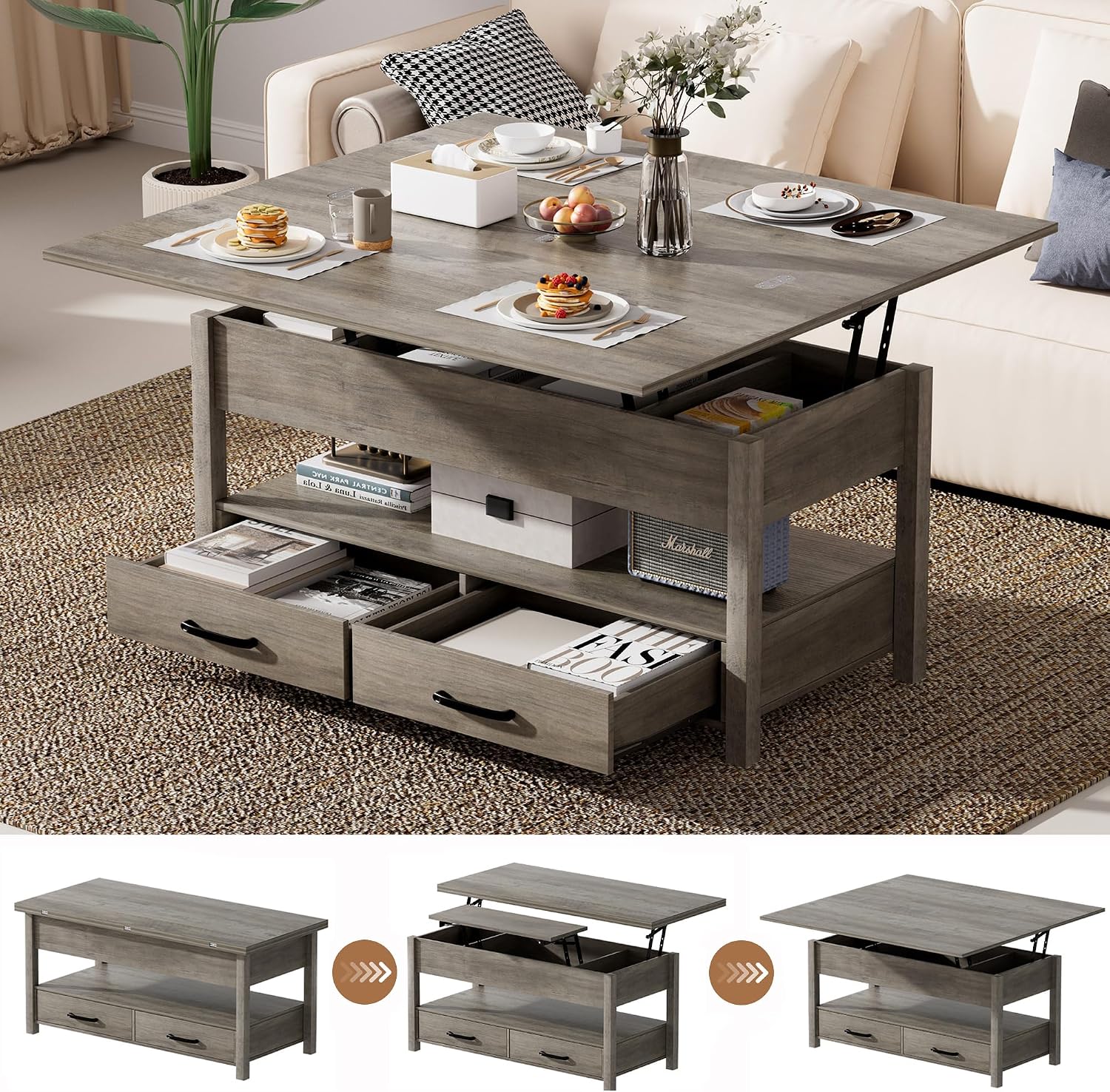 SYESWAY 42'' Lift Top Coffee Table, 4-in-1 Multifunctional Lift Coffee Table with Storage & Hidden Compartments, Farmhouse Coffe Table with Lifting top for Living Room, Dining Reception Room, Grey