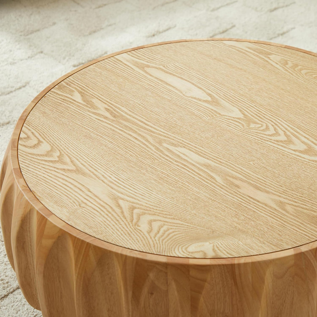 31.5'' Walnut Round Wood Coffee Table for Living Room, Modern Contemporary Circle Fluted Drum Pedestal Coffee Table, Natural Wood Grain & Easy Assembly, Natural