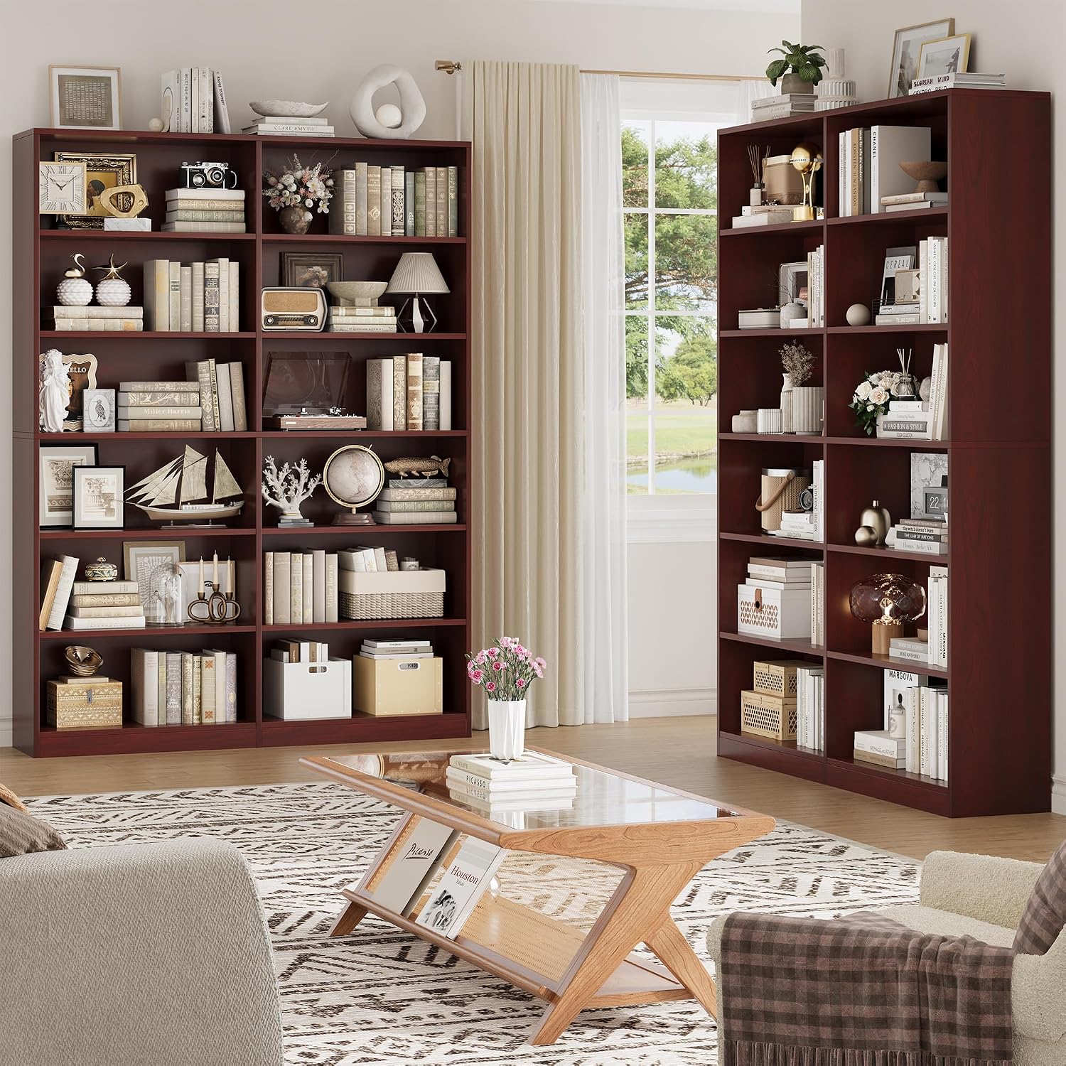 FACBOTALL Bookshelf and Bookcase, 6-Tier Double Wide Bookshelves,Freestanding Display Storage Shelves, Tall Bookcases for Home Decor Bedroom, Living Room, Home Office, Cherry