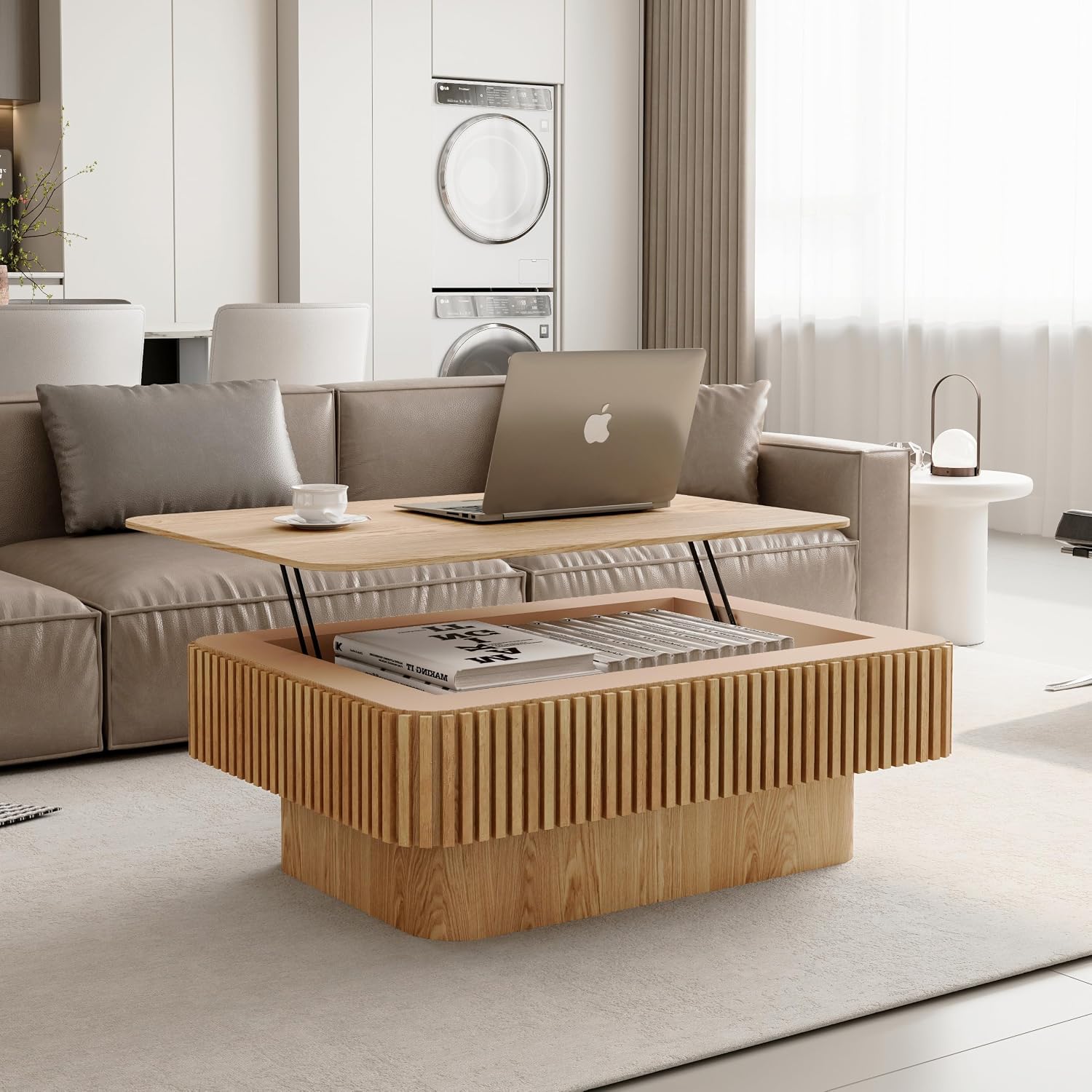 Lift Coffee Table with Storage & Adjustable Height, Solid Wood Coffee Table Fluted Center Table Accent Tea Table or Living Room, Apartment, Office (38.6' Natural)