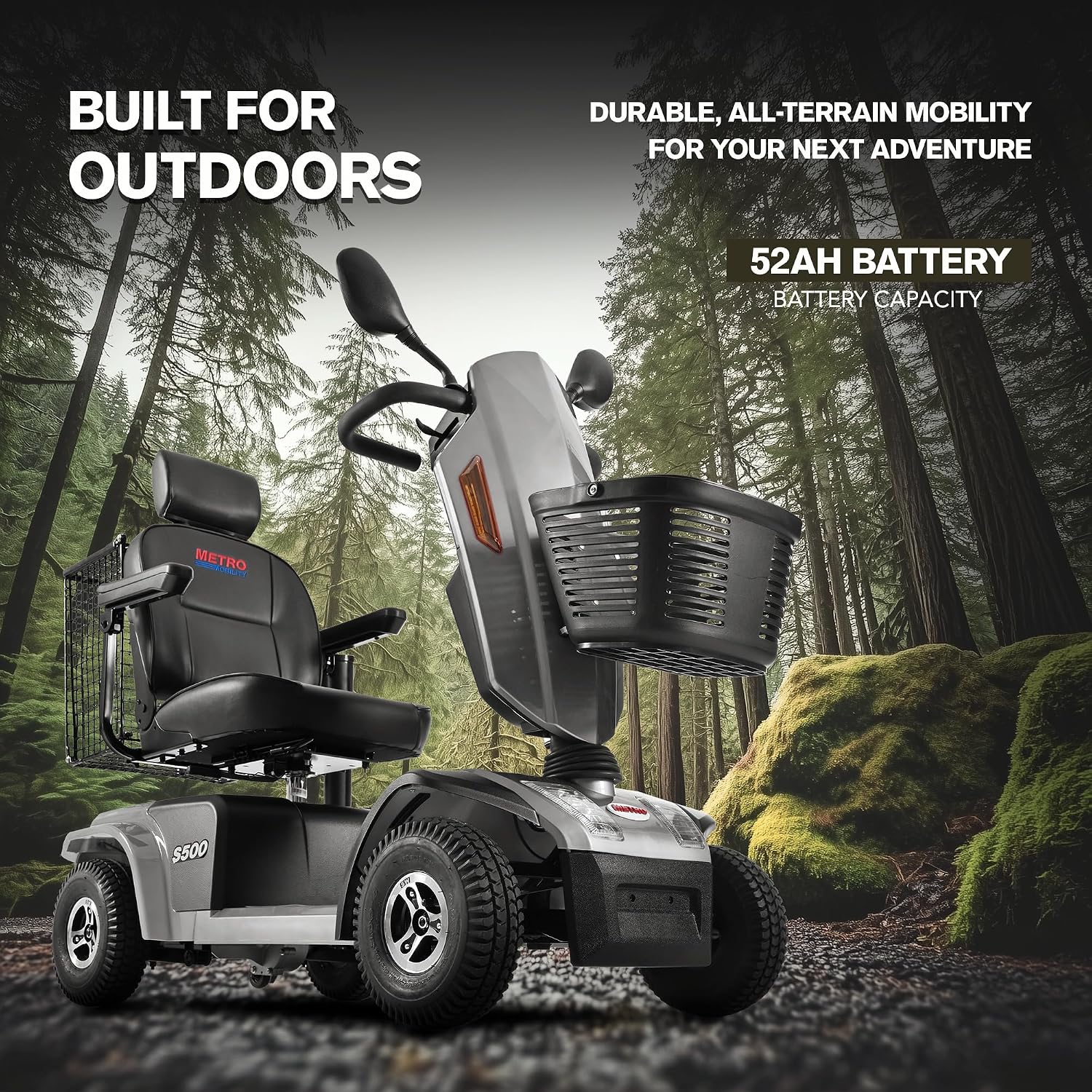 S500 4-Wheel Electric Mobility Scooter, Long-Range 52Ah Battery Up to 25 Miles, 500W Heavy-Duty Motor, 10' Pneumatic Tires, Adjustable Captain Seat, Storage Baskets for Seniors, Grey