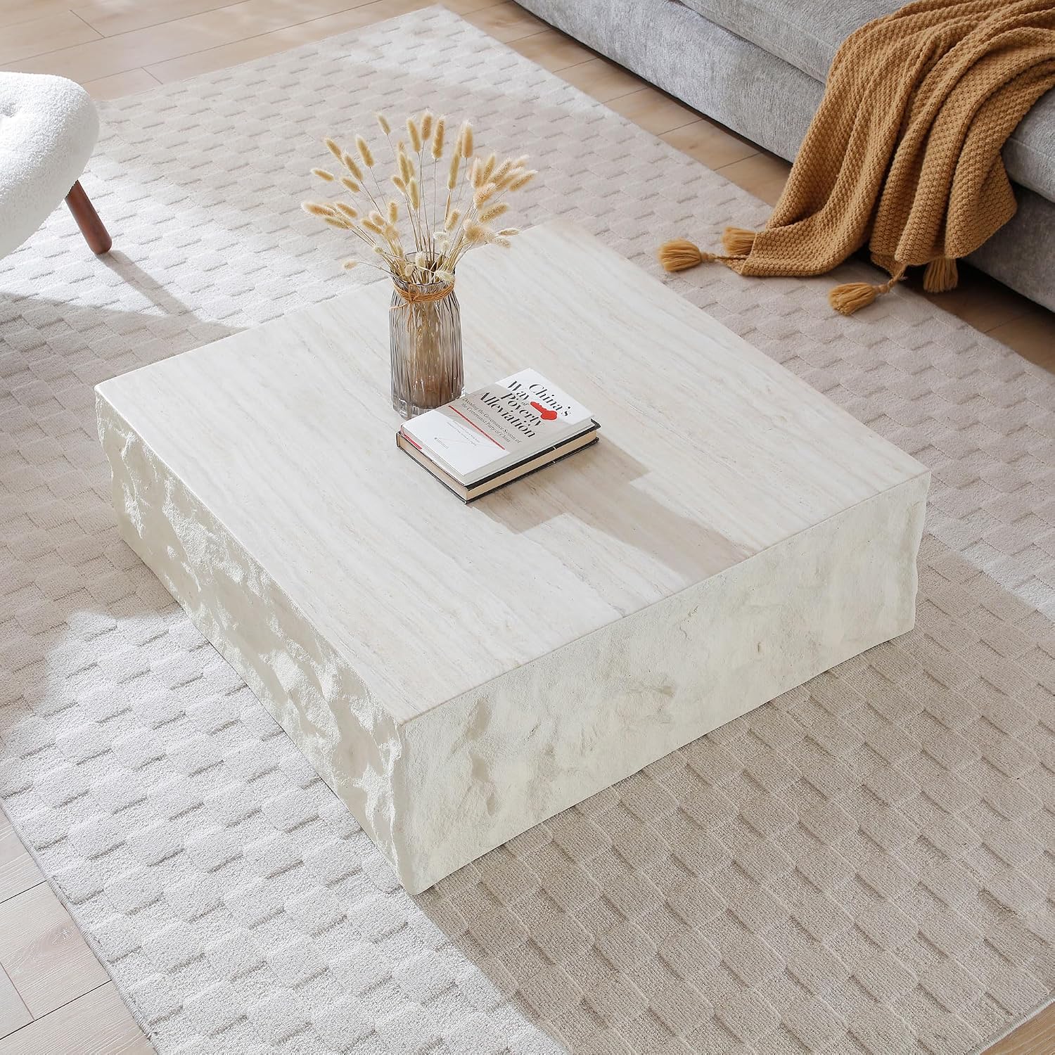 WILLIAMSPACE 35.4' Square Coffee Table Center Table for Living Room, Modern Drum Coffee Table with Imitation Stone Table for Apartment, No Need Assembly, Fiberglass (Beige Cement Stone Pattern)