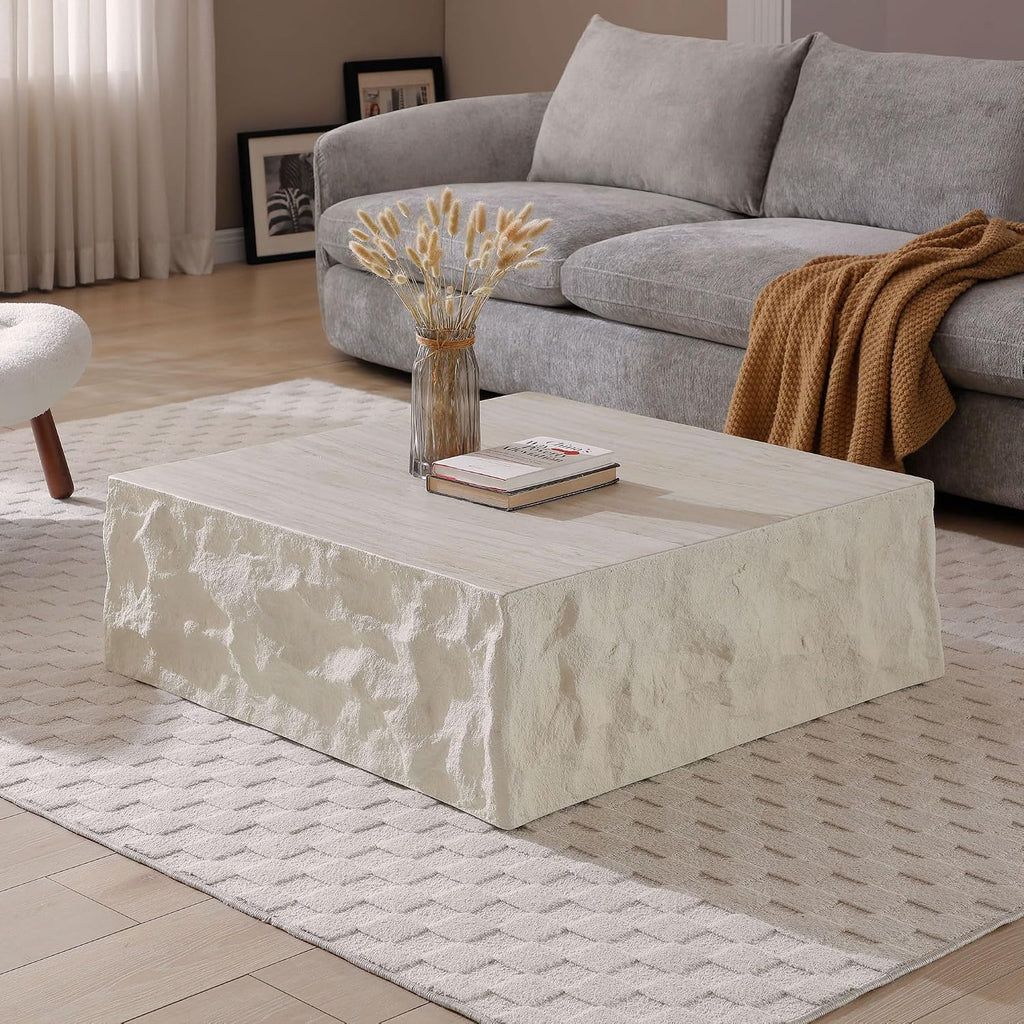 JUSTONE 35.43'' Square Coffee Tables for Living Room,Faux Mars Pattern Modern Minimalist Side Tables Accent End Table for Apartment,Office,No Need Assembly,Beige