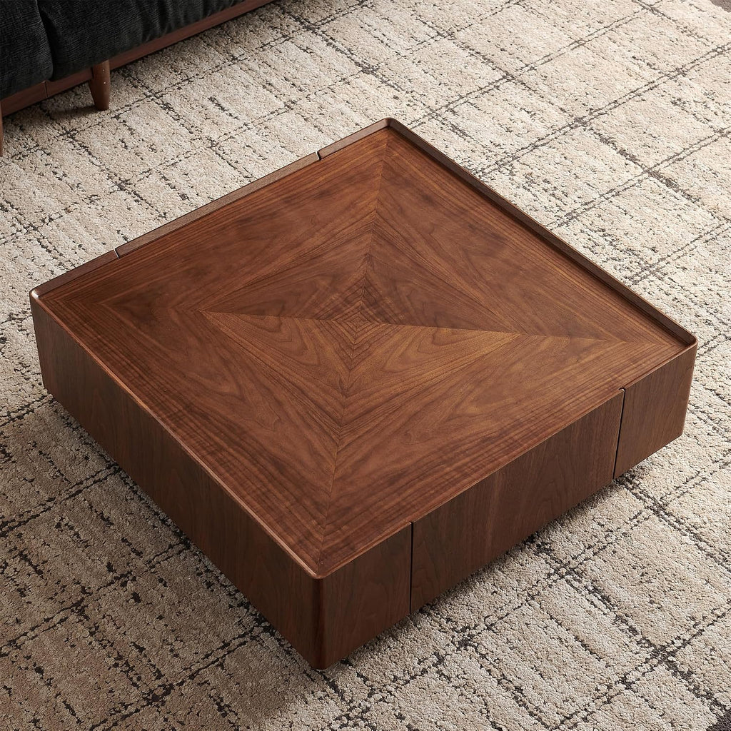 SSLine 35.4-Inch Square Coffee Table with Storage Drawers,Fully Assembled Wooden Coffee Table with Solid Wood Veneered Mid-Century Modern Cocktail Center Tables for Living Room Office,Walnut