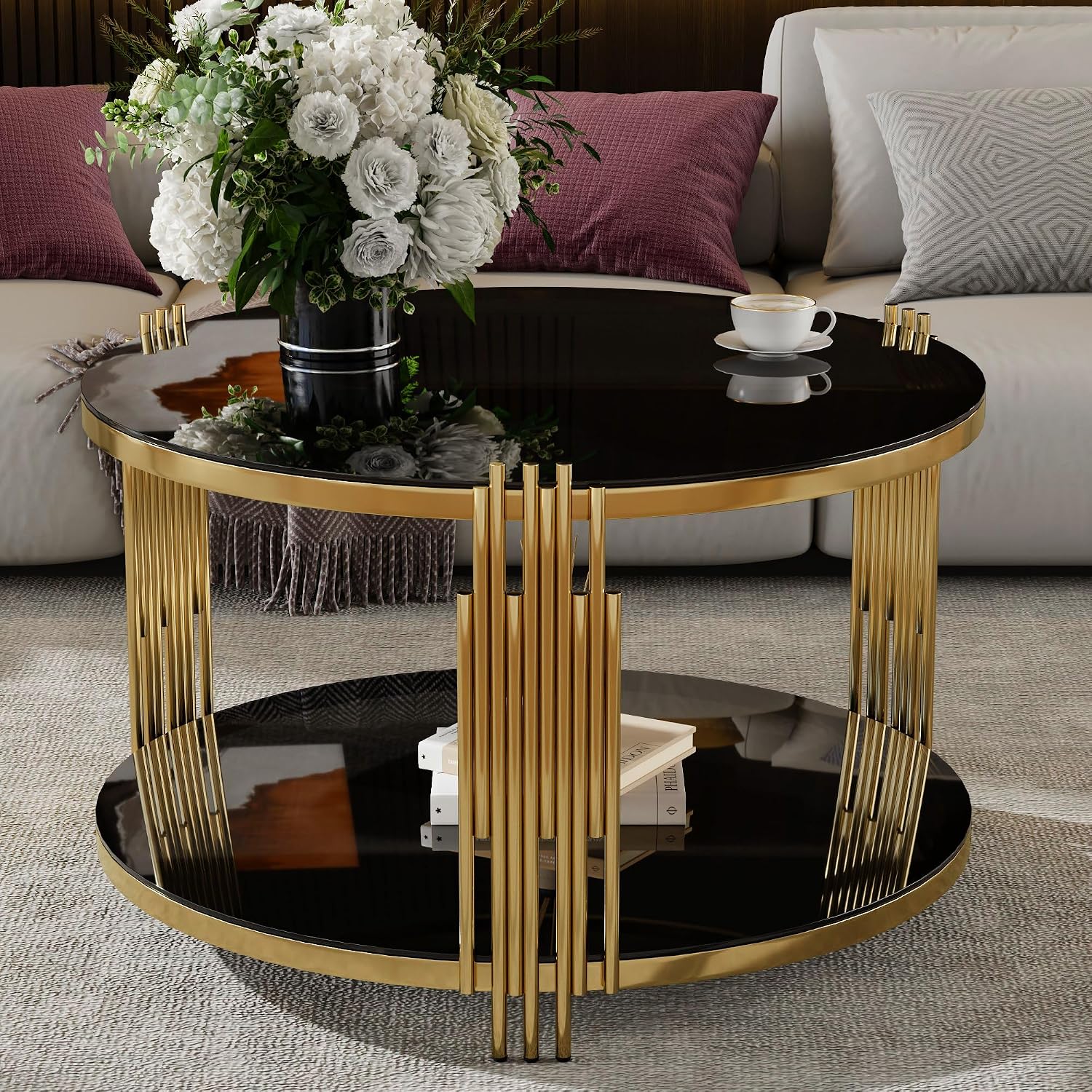 Merax Round Table Set of 3, with 1 Coffee Table & 2 End Tables, Black Mirror, Asymmetrical Metal, Gold Finish & Lower Shelf, for Living Room Apartment, Black