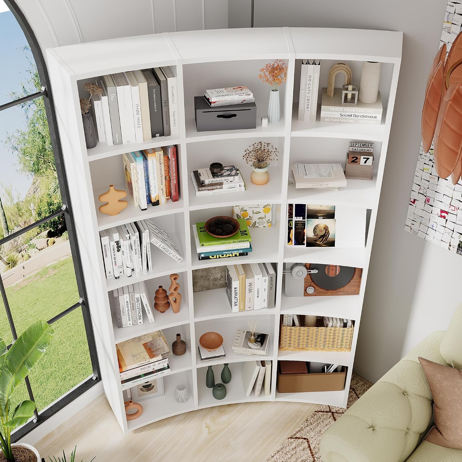 71' Triple Wide Bookshelf, 6 Tier Tall Bookshelf, Large Book Shelf with Curved Baffle, 41.5' Wide Bookcase with 18 Open Floor Standing Display Shelves for Living Room, White