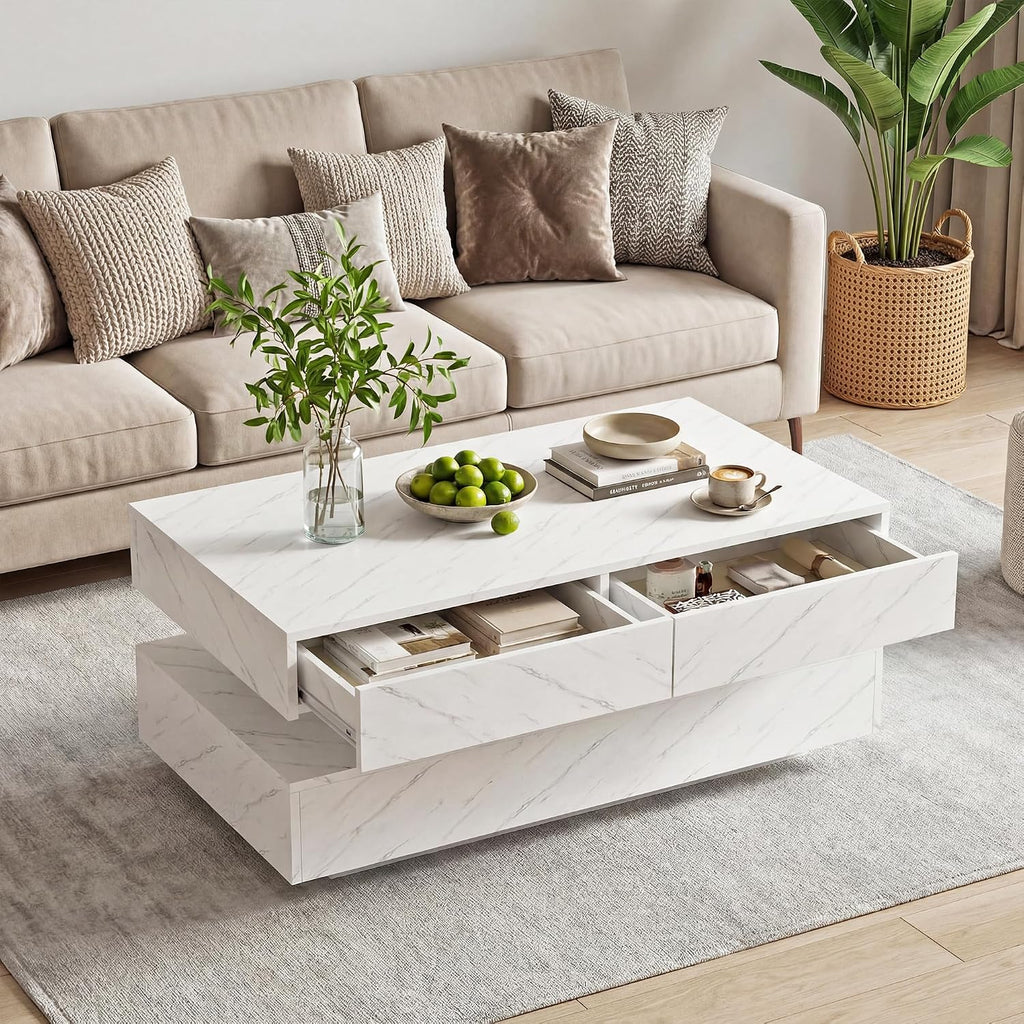 Coffee Table for Living Room, Modern Coffee Table with 2 Storage Drawers, 2 Tier Center Table Wood Coffee Tables with 20 Colors LED Lights, Mesa de Centro para Sala (White)