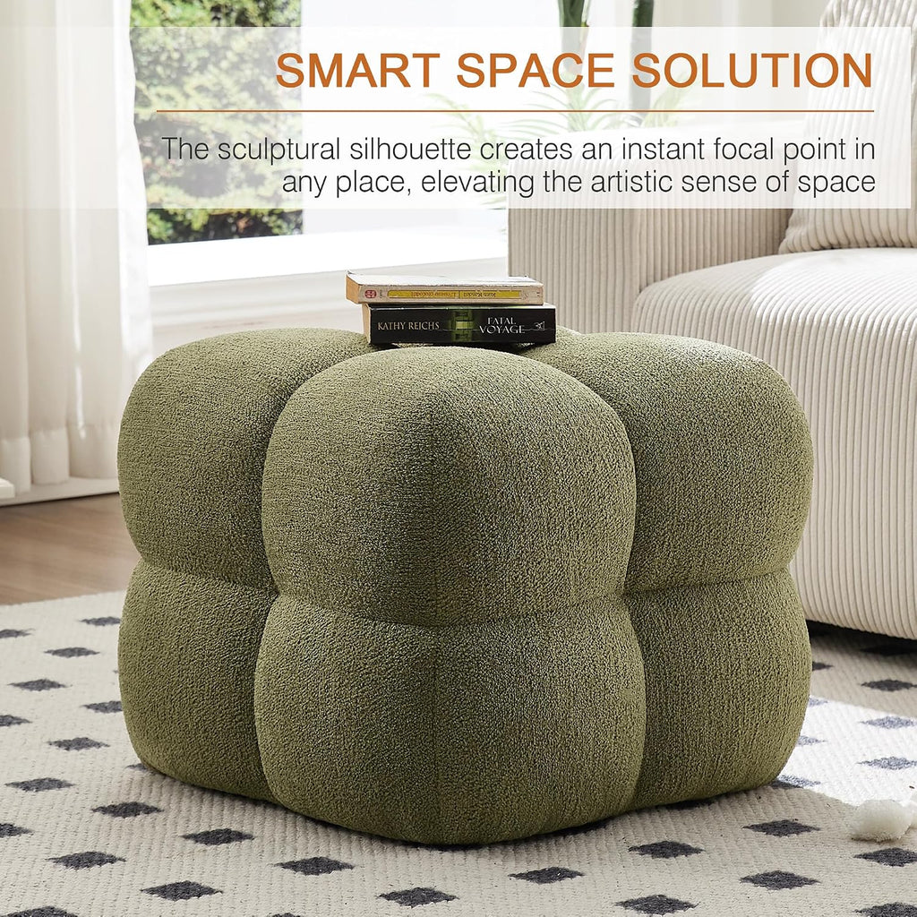 Zesthouse Square Pouf Ottomans Footstool set of 2, Upholstered Poofy Ottoman for Couch Sofa, Modern Ottoman Coffee Table for Living Room, Green Boucle Fabric Stool Foot Rest Cute Vanity Chair Backless
