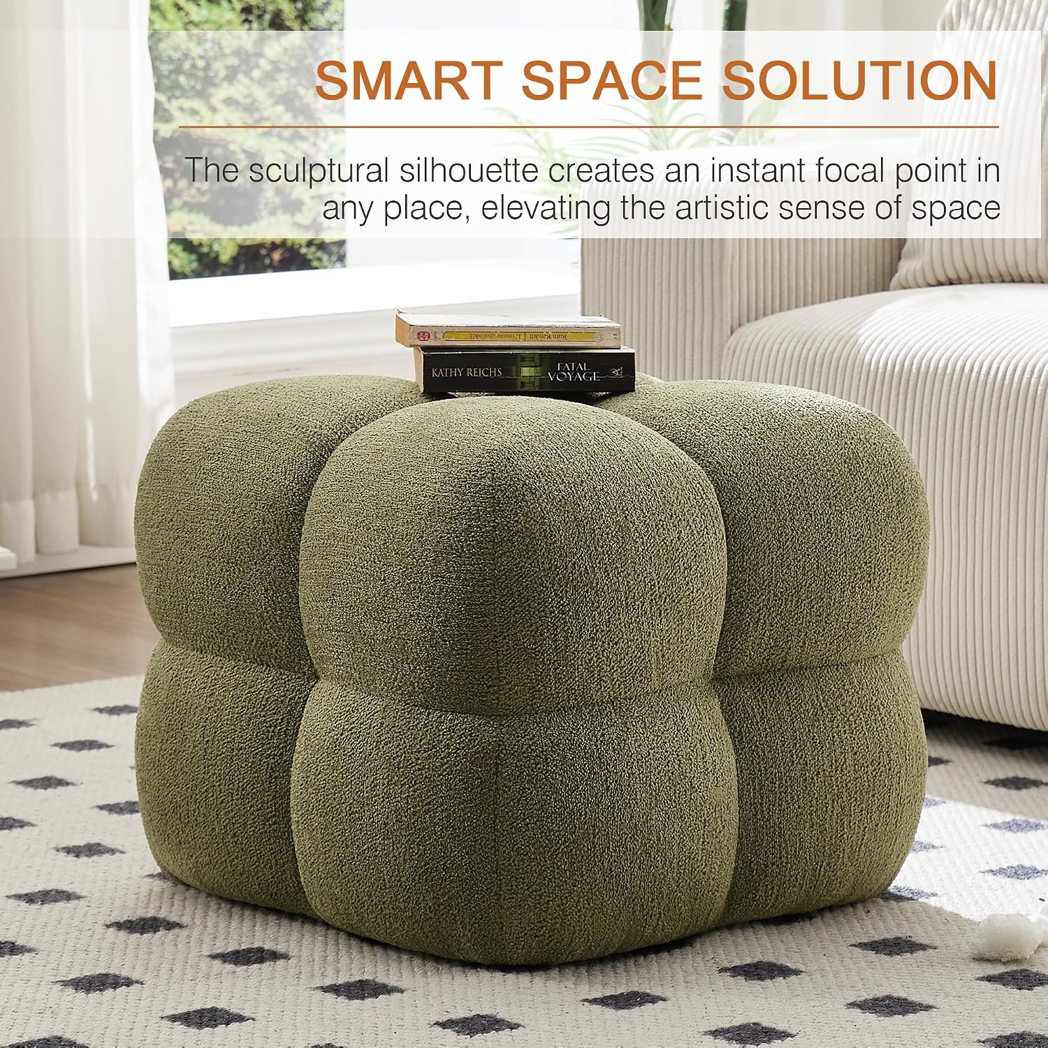 Zesthouse Square Pouf Ottoman Footstool, Modern Ottoman Coffee Table for Living Room, Poofy Boucle Stool Foot Rest, Upholstered Tufted Stool for Couch, Cube Vanity Chair Backless for Bedroom, Green