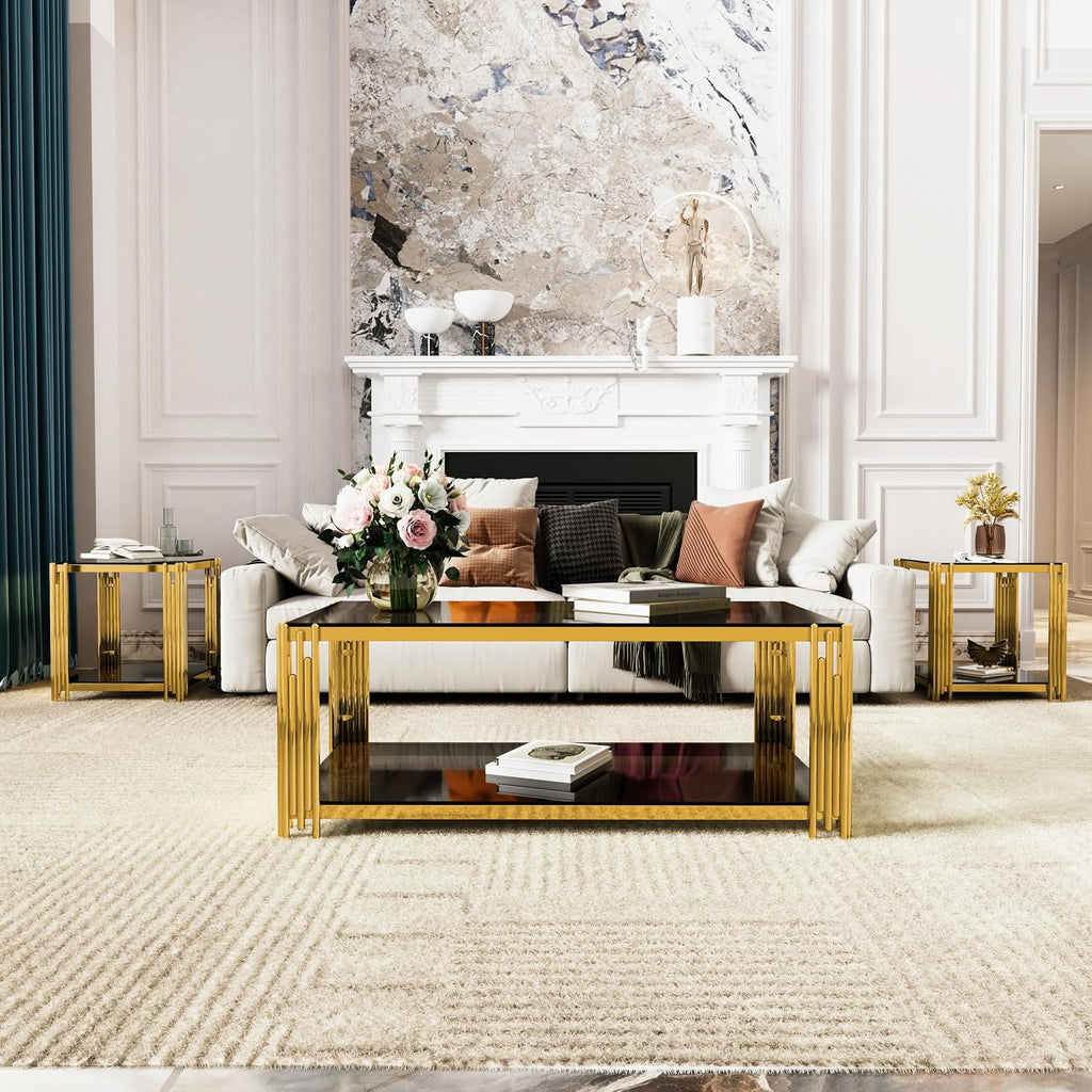 Merax Table Set of 3, with 1 Rectangle Coffee Table & 2 Square End Tables, Black Mirror, Asymmetrical Metal, Gold Finish & Lower Shelf, for Living Room Apartment, Black