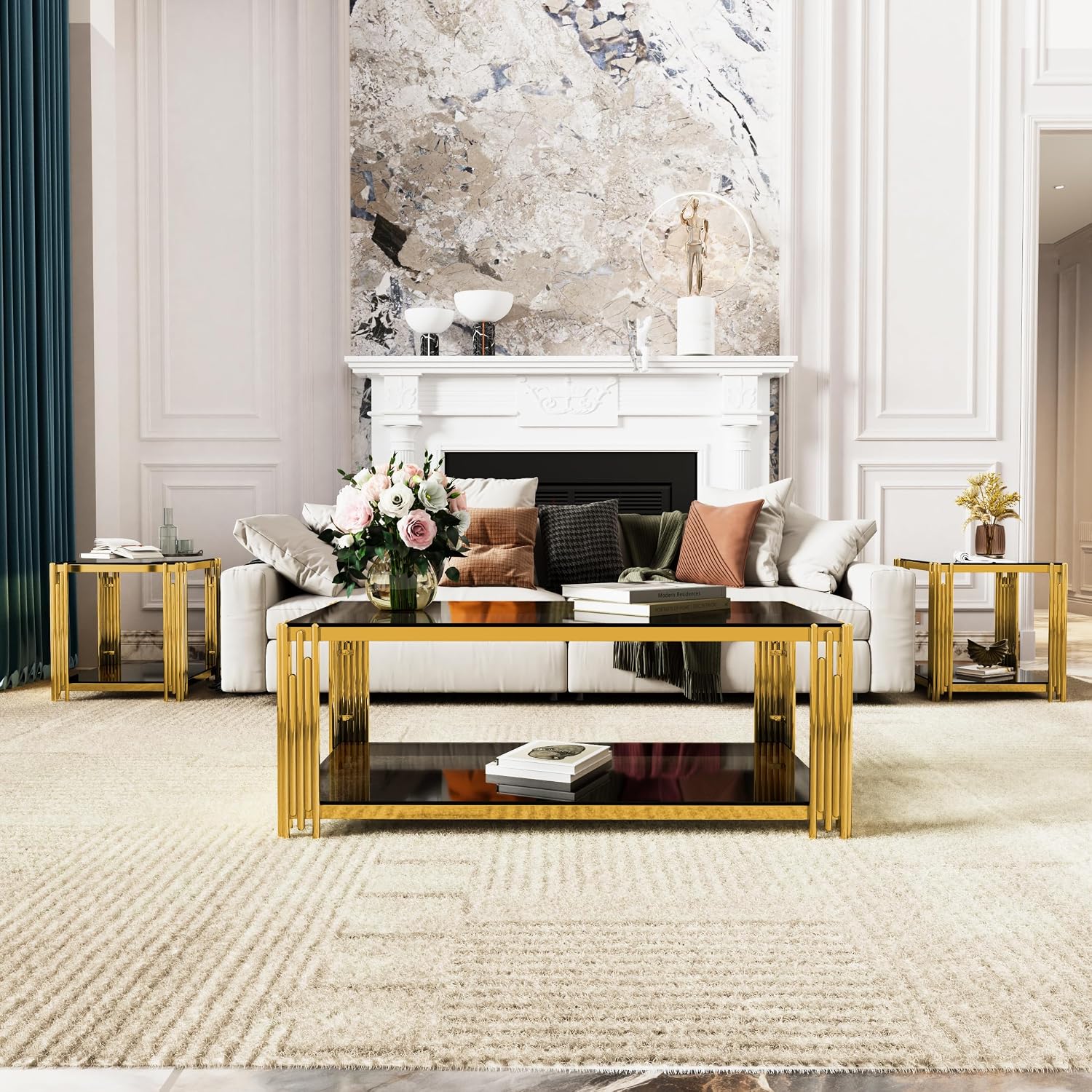 Merax Table Set of 3, with 1 Rectangle Coffee Table & 2 Square End Tables, Black Mirror, Asymmetrical Metal, Gold Finish & Lower Shelf, for Living Room Apartment, Black
