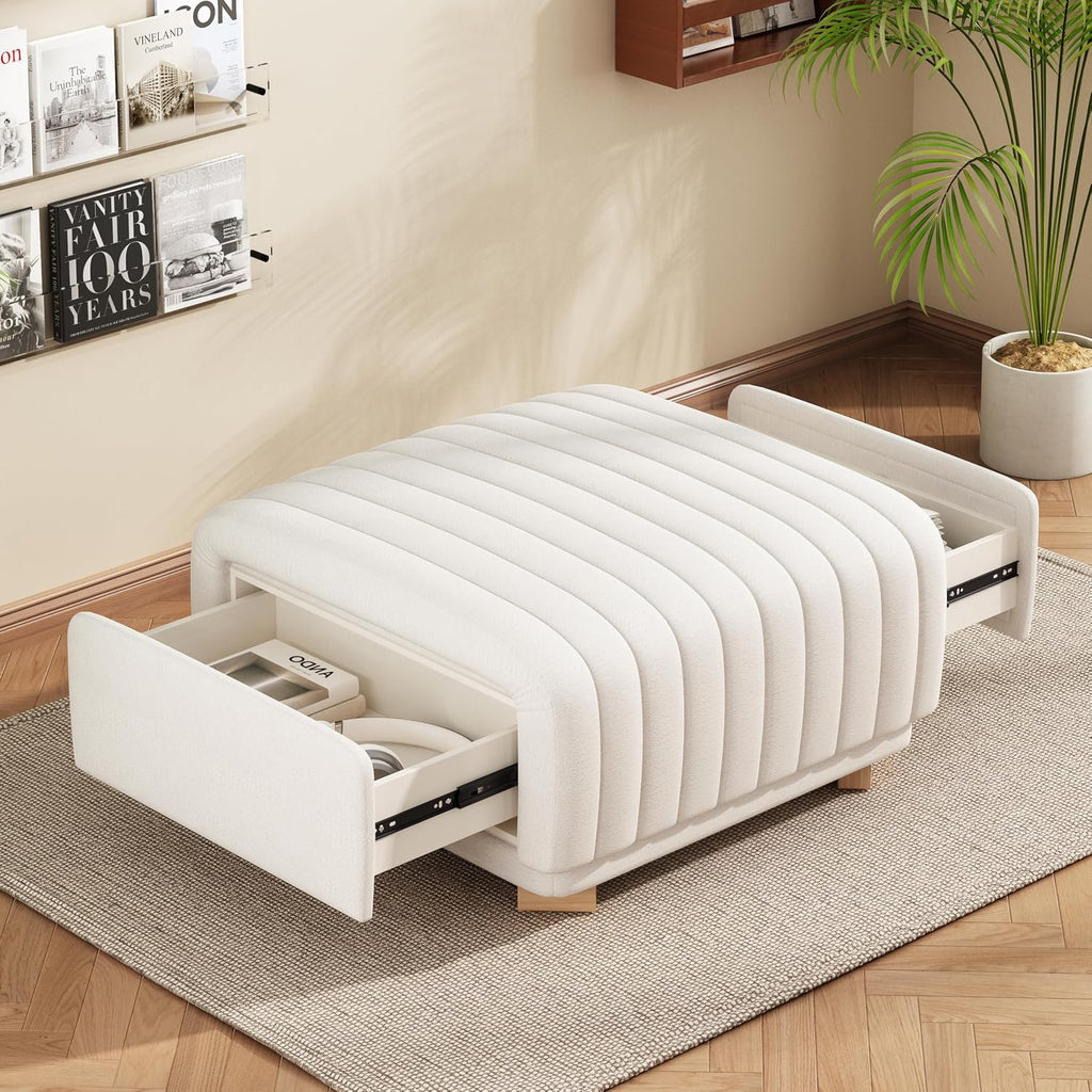 Christopher Knight Home Reyno Upholstered Ottoman with Storage for Living Room, Chenille Fabric Storage Ottoman Foot Rest with Side Drawers, Modern Square Coffee Table with Wooden Frame, Light Beige