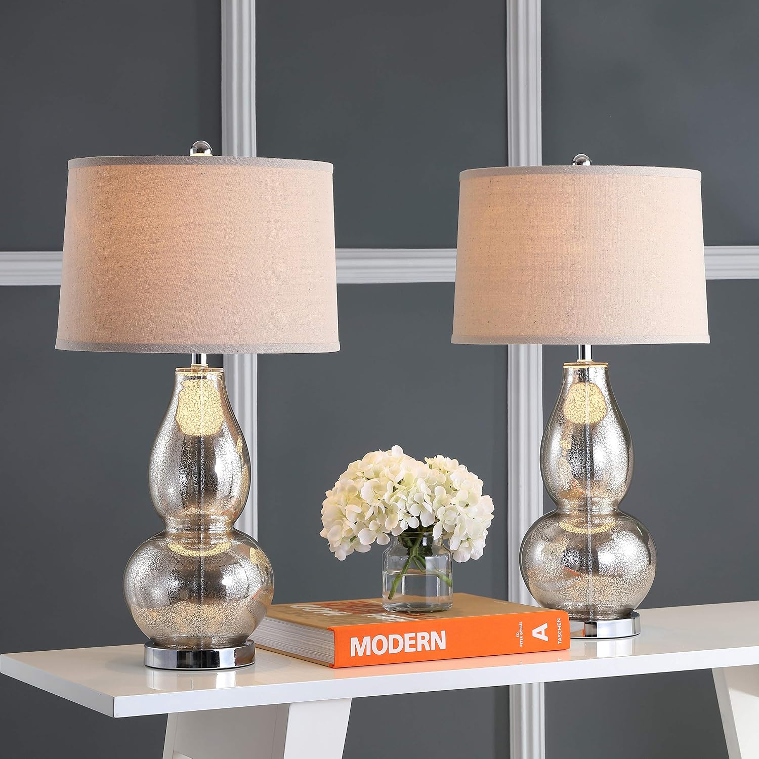 SAFAVIEH Lighting Collection Mercurio Antique Silver/ Wheat Brown Shade 29-inch Bedroom Living Room Home Office Desk Nightstand Table Lamp Set of 2 (LED Bulbs Included)