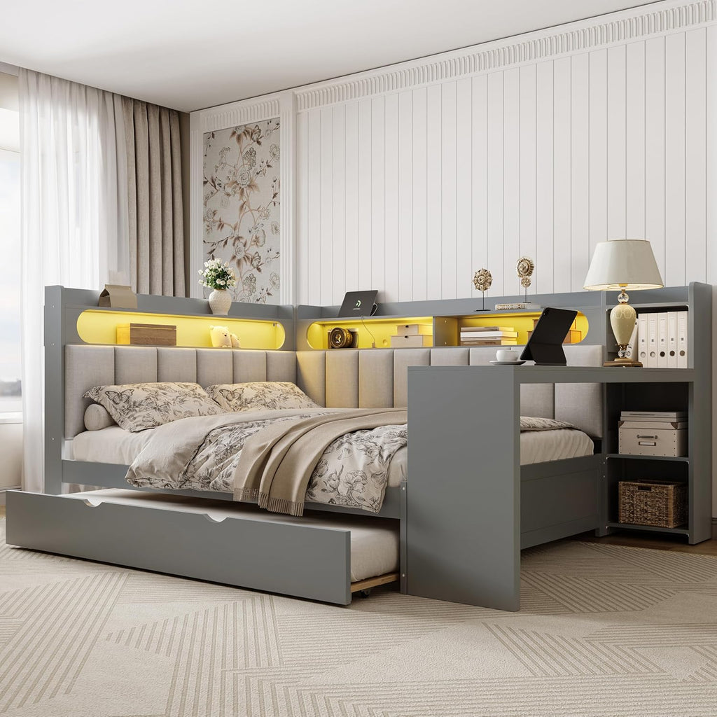 Wood Full Size Daybed with Storage Shelves and Desk, L-Shaped Corner Platform Bed Frame with Upholstered Headboard and Trundle for Office Living Room Bedroom, Space-Saving (Gray-1.16t)