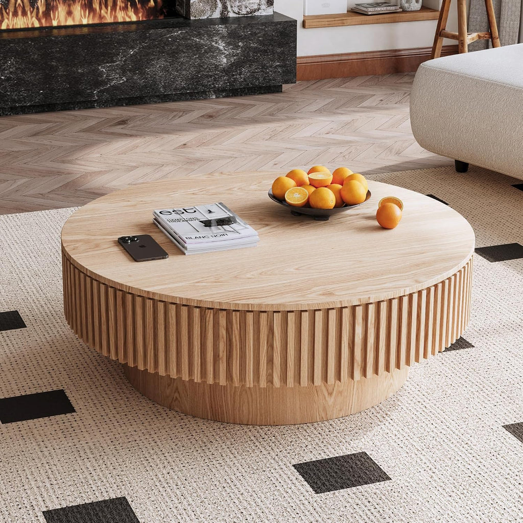 39.37'' Round Coffee Table Modern Wood Circle Fluted Drum Pedestal Coffee Table with Storage Space for Living Room, Easy Assembly, Wood