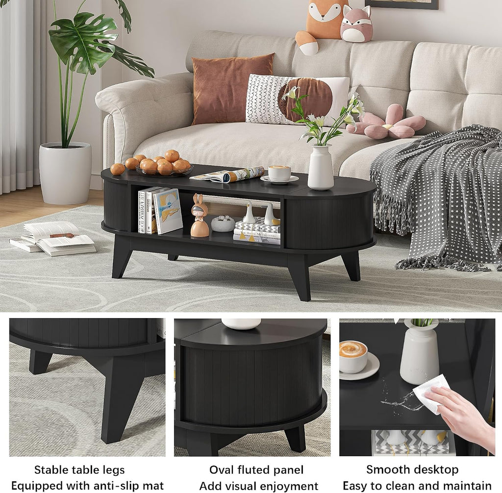 Coffee Table with 2 Hidden Storage,Mid Century Modern Coffee Table with Fluted Finish,Wood Center Tables Oval Coffee Tables with Flip-Top Lids for Living Room Home Office (Black)