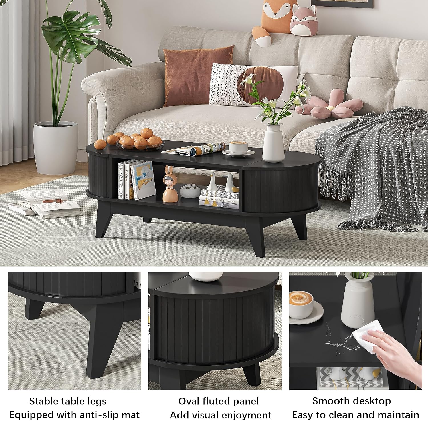 Coffee Table with 2 Hidden Storage,Mid Century Modern Coffee Table with Fluted Finish,Wood Center Tables Oval Coffee Tables with Flip-Top Lids for Living Room Home Office (Black)