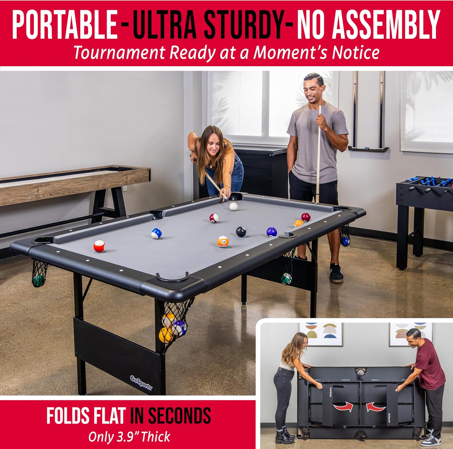 GoSports 6 ft Foldable Pool Tables - Portable Billiards Tables with Accessories - Black with Gray Felt or Oak with Black Felt