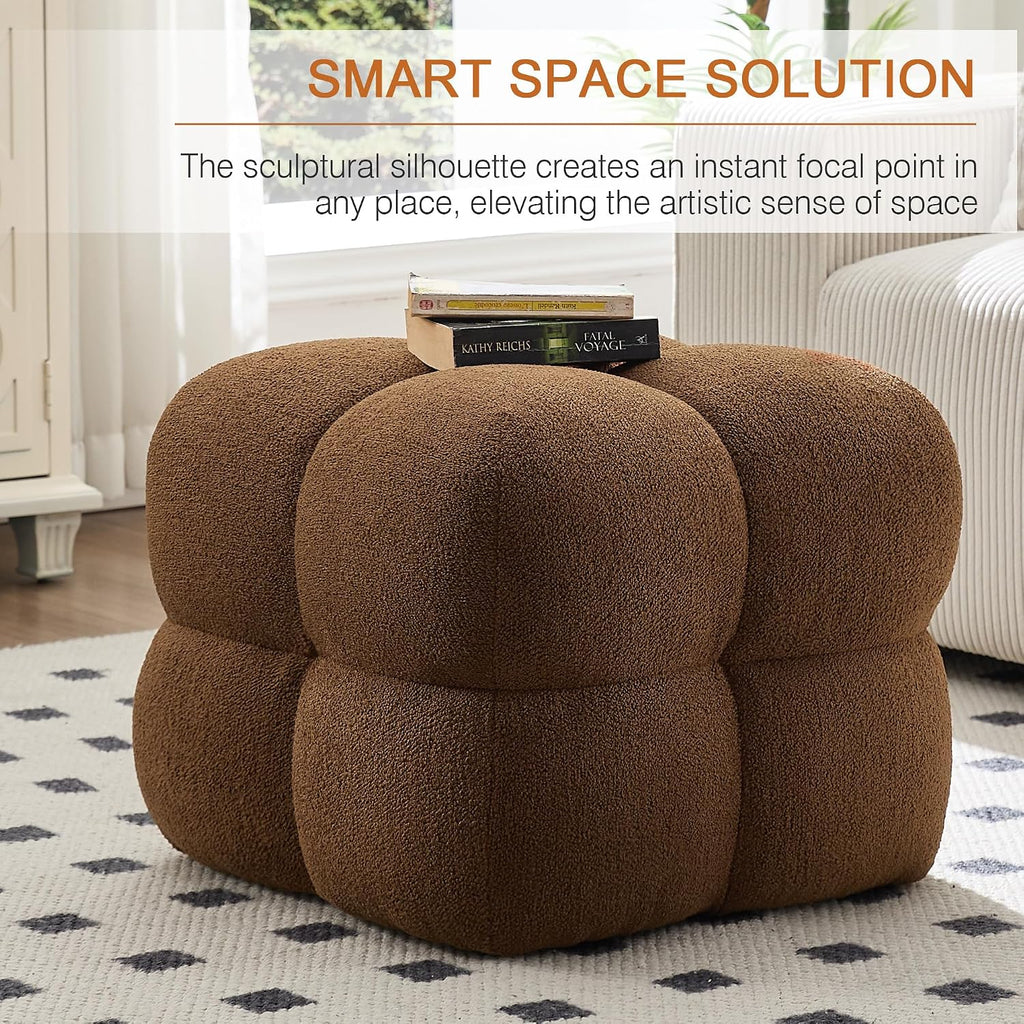 Zesthouse Square Pouf Ottomans Footstool Set of 2, Upholstered Poofy Ottoman for Couch Sofa, Modern Ottoman Coffee Table for Living Room, Rust Brown Boucle Fabric Stool Foot Rest, Cute Vanity Chair