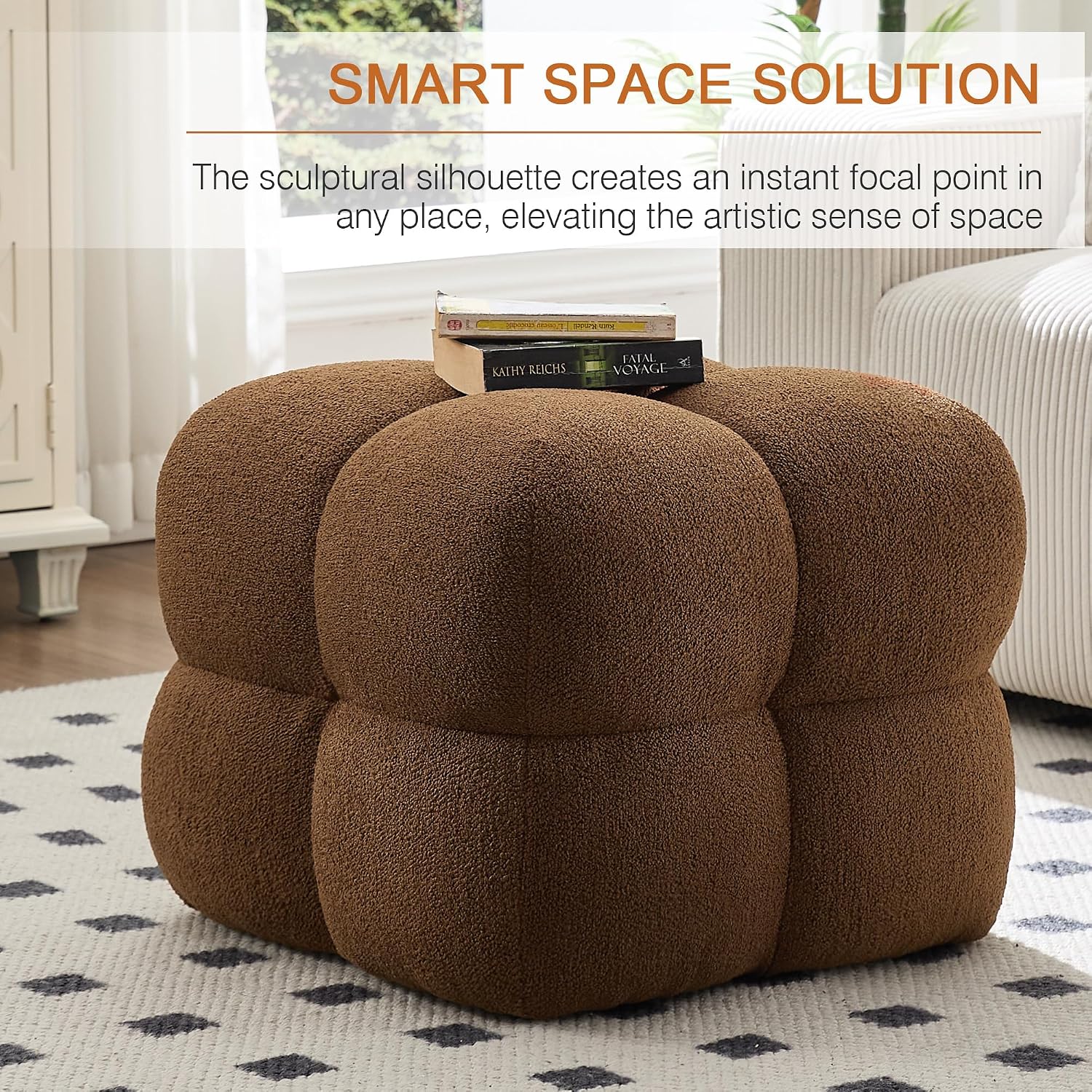 Zesthouse Square Pouf Ottomans Footstool Set of 2, Upholstered Poofy Ottoman for Couch Sofa, Modern Ottoman Coffee Table for Living Room, Rust Brown Boucle Fabric Stool Foot Rest, Cute Vanity Chair