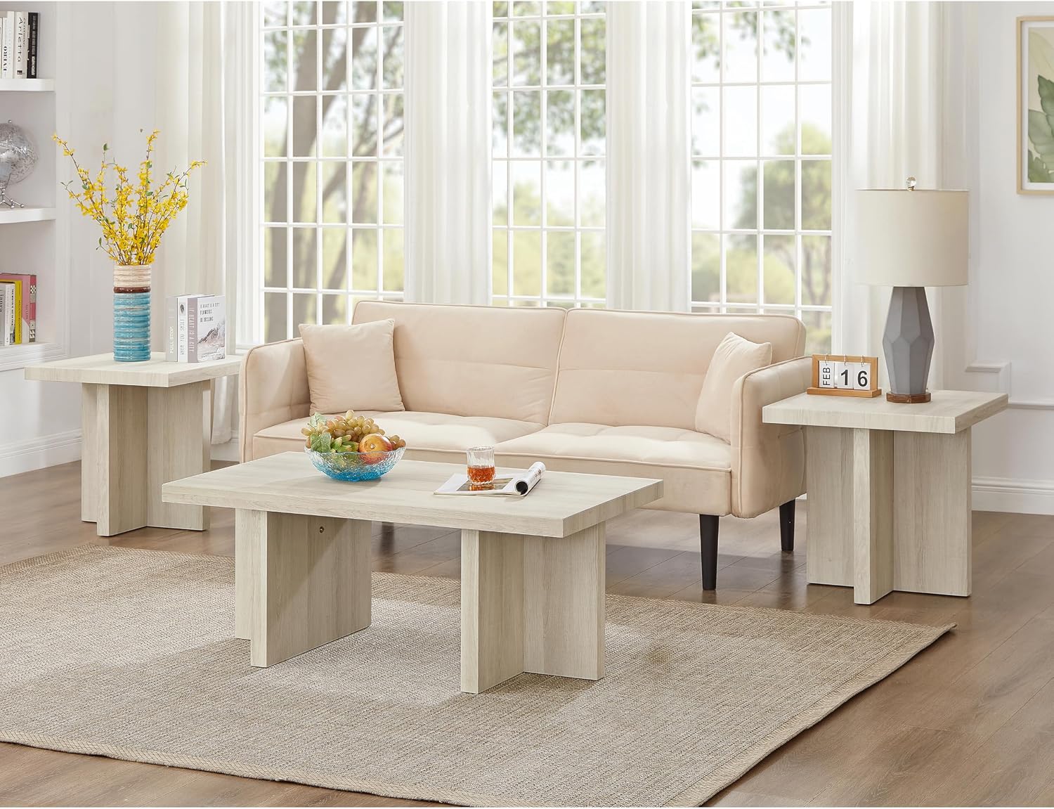 Roundhill Furniture Mchome 3-Piece Coffee Table Set, Coffee Table and Two End Tables, White Finish