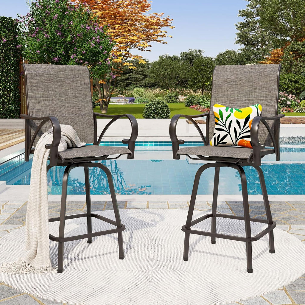 PHI VILLA Outdoor Bar Stools Swivel Set of 2, Outdoor Bar Height Tall Patio Chairs Grey with Armrest, High Top Patio Stools & Chairs with Sling Fabric for Outside Kitchen