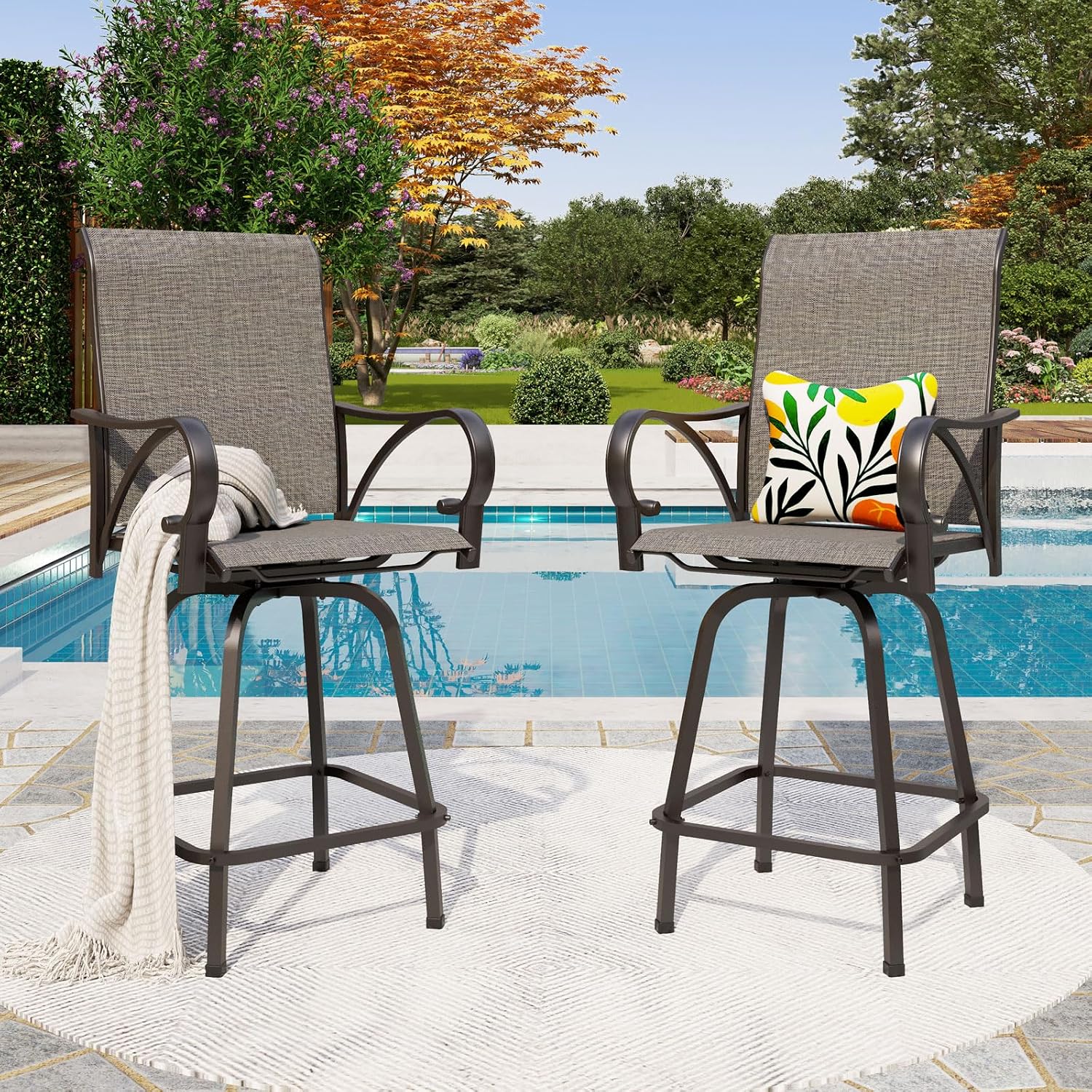 PHI VILLA Outdoor Bar Stools Swivel Set of 2, Outdoor Bar Height Tall Patio Chairs Grey with Armrest, High Top Patio Stools & Chairs with Sling Fabric for Outside Kitchen