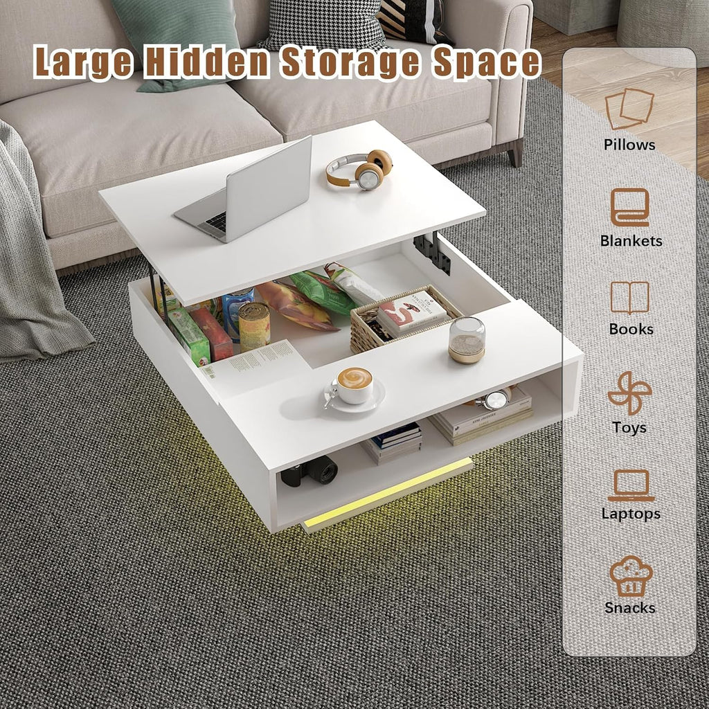 Square Lift Top Coffee Table with Storage, White Led Coffee Table for Living Room with Large Hidden Storage, 30.7' Wood Table Led Center Table for Dining Reception Room