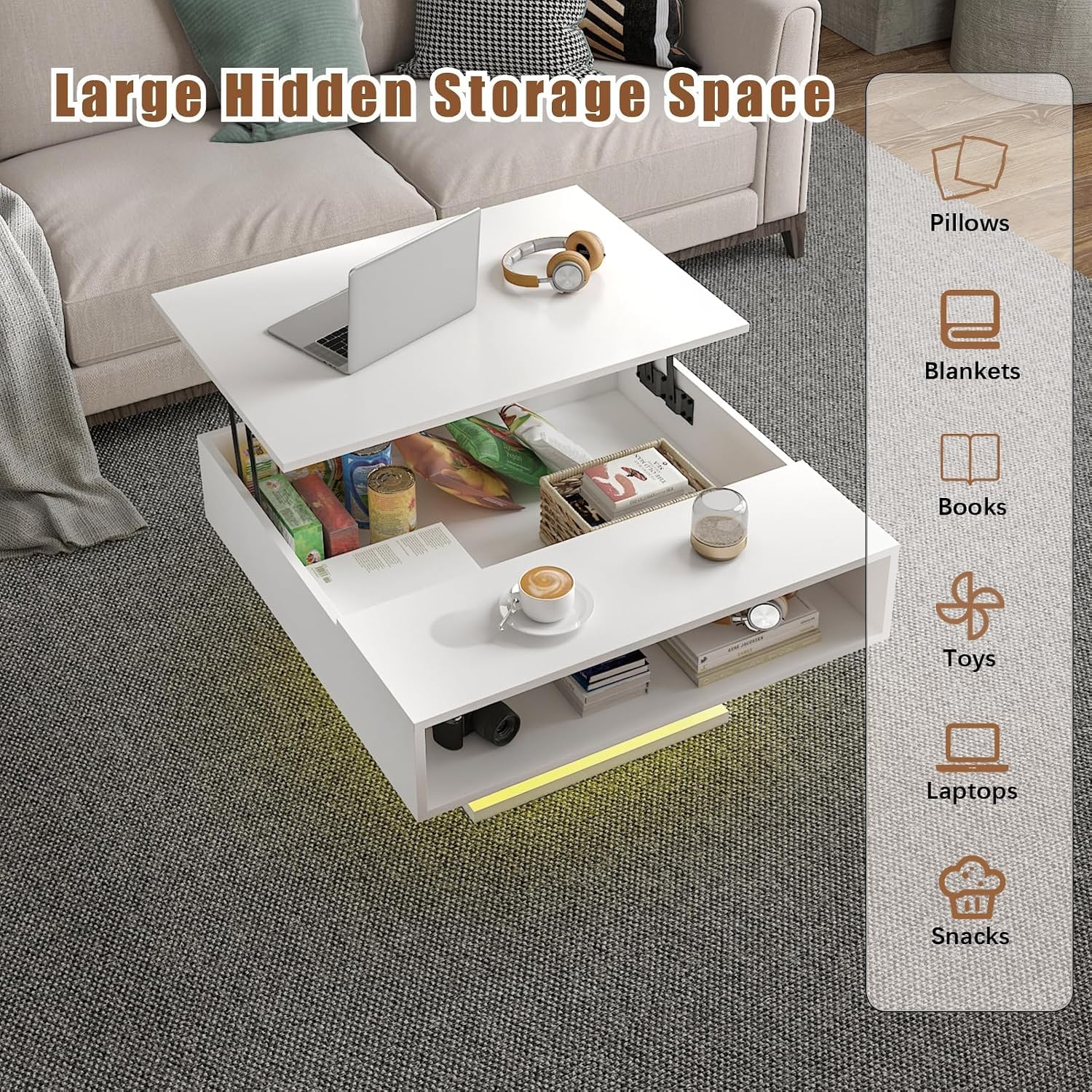 Square Lift Top Coffee Table with Storage, White Led Coffee Table for Living Room with Large Hidden Storage, 30.7' Wood Table Led Center Table for Dining Reception Room