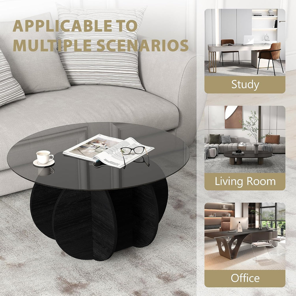Glass Coffee Table, Round Coffee Table with Petal-Inspired Base, Modern Minimalist Coffee Table for Decoration, Black Coffee Tables for Living Room, Study Room, Office