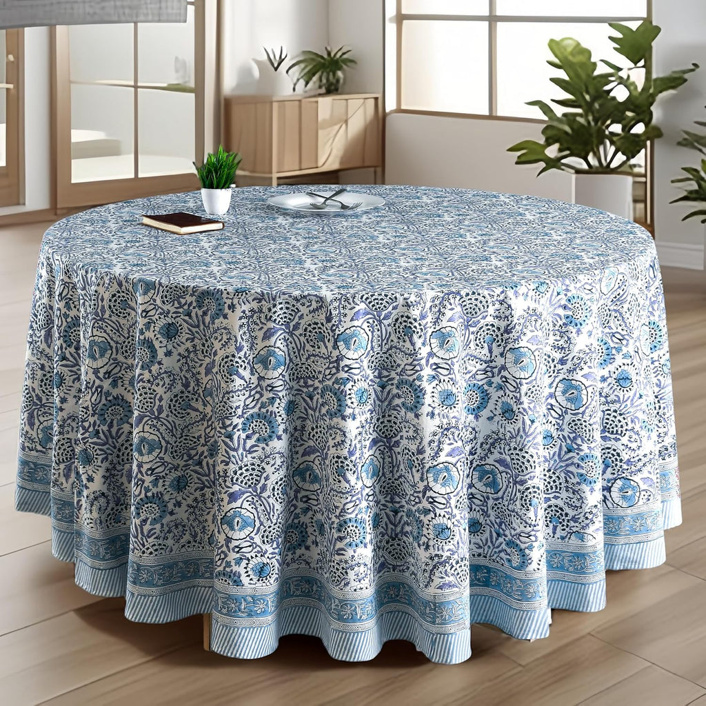 CPC Indigo Blue Block Print Cotton Handmade Round Tablecloth 120 Inch Decorative Table Cover for Home Decor, Dinning, Festive, Wedding, Farmhouse Gift for Spring, Mother's Day